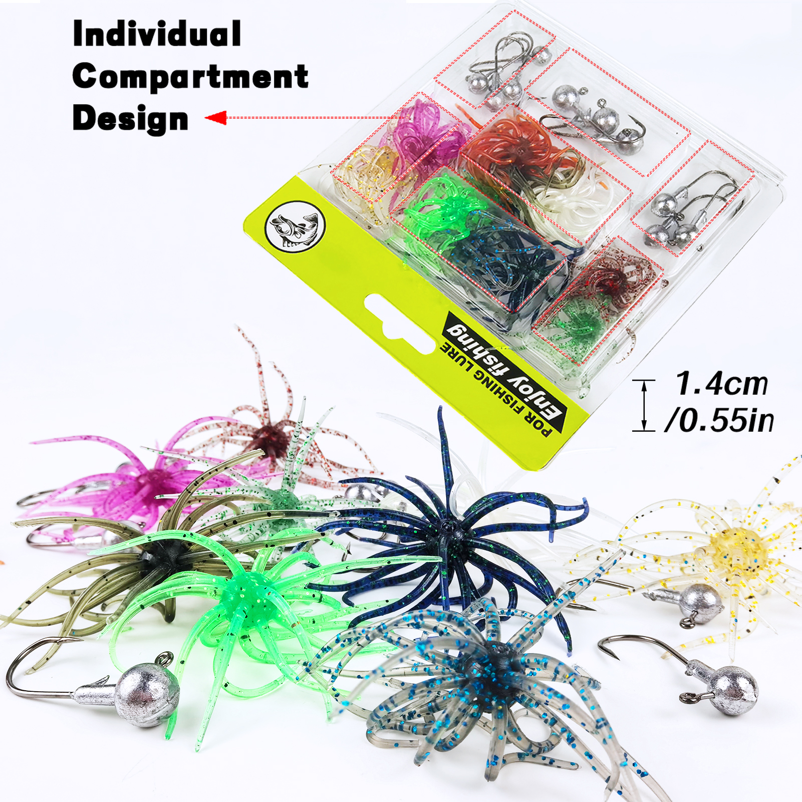 FREE FISHER Sea Urchin Baits Kit,Soft Creature Lures,9cm 3.6g/7cm 1.6g Dice Artificial Fuzzy Bait,Hooks Fishing Weights for Neko Rigs