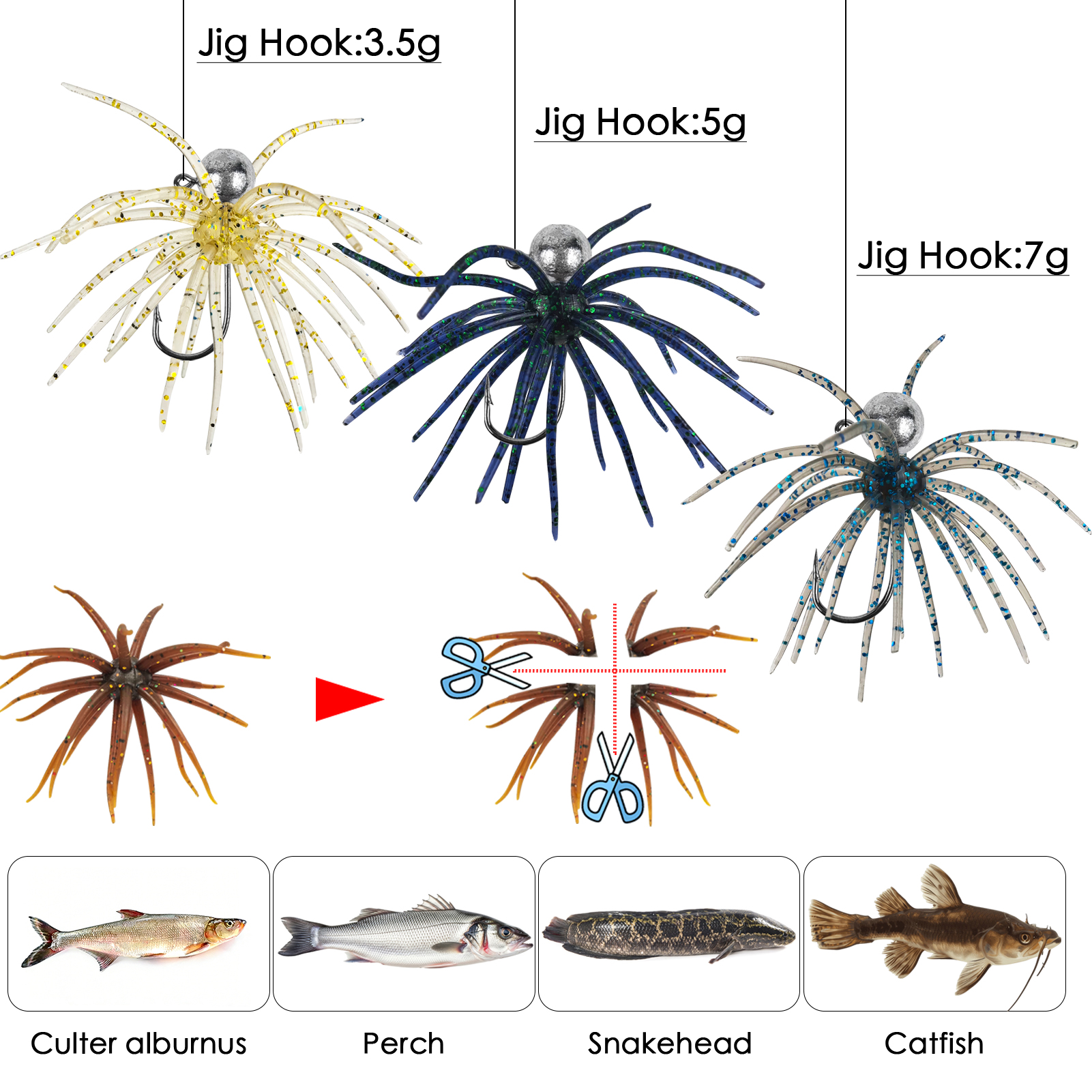 FREE FISHER Sea Urchin Baits Kit,Soft Creature Lures,9cm 3.6g/7cm 1.6g Dice Artificial Fuzzy Bait,Hooks Fishing Weights for Neko Rigs
