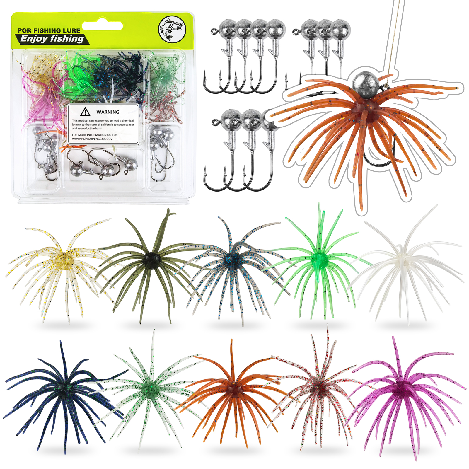 FREE FISHER 20pcs/Lot Fishing Sea Urchin Baits,Floating TPE Soft Creature Lures,7cm 1.6g Dice Artificial Fuzzy Bait with Jig Head Hooks 