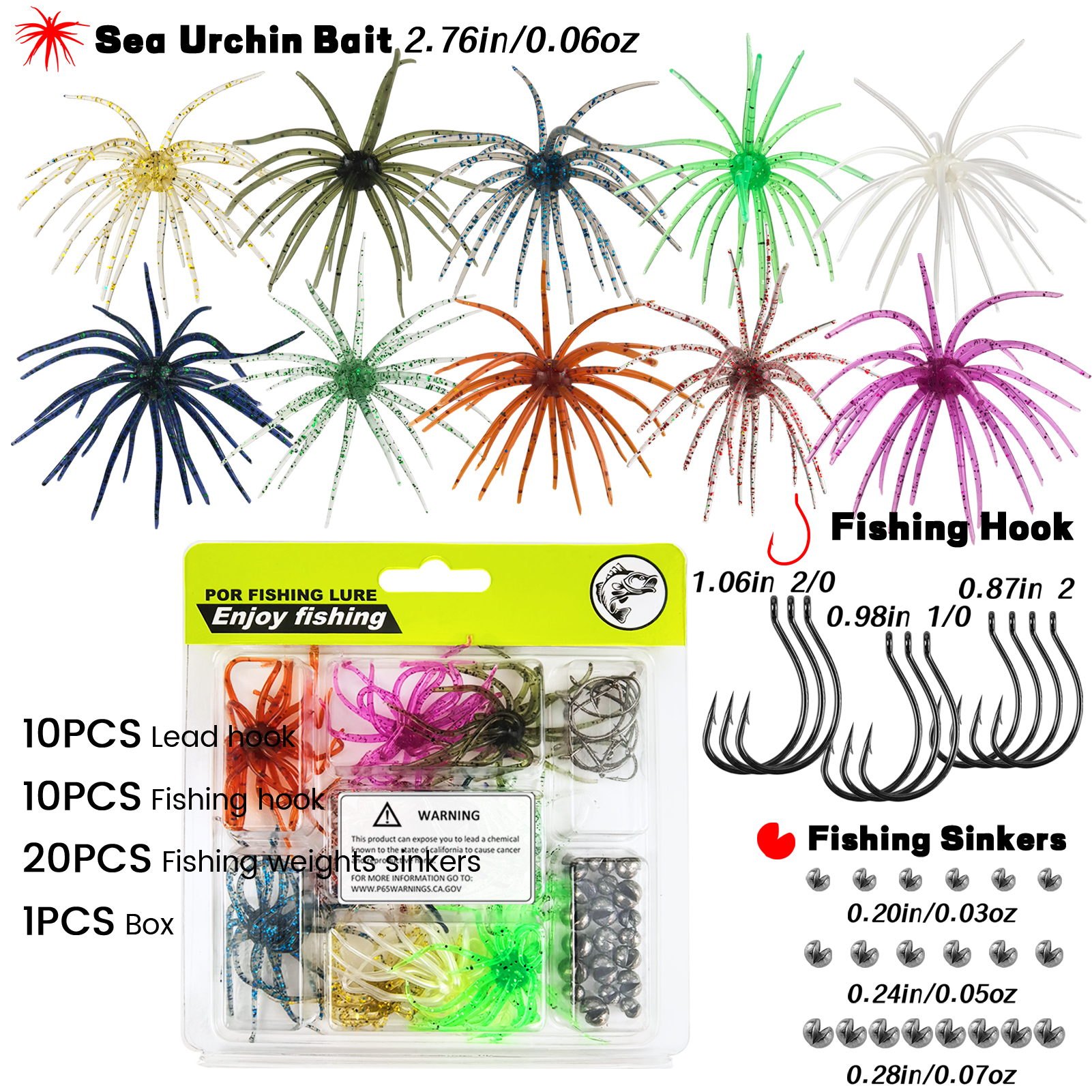 FREE FISHER Sea Urchin Baits Kit,Soft Creature Lures,9cm 3.6g/7cm 1.6g Dice Artificial Fuzzy Bait,Hooks Fishing Weights for Neko Rigs