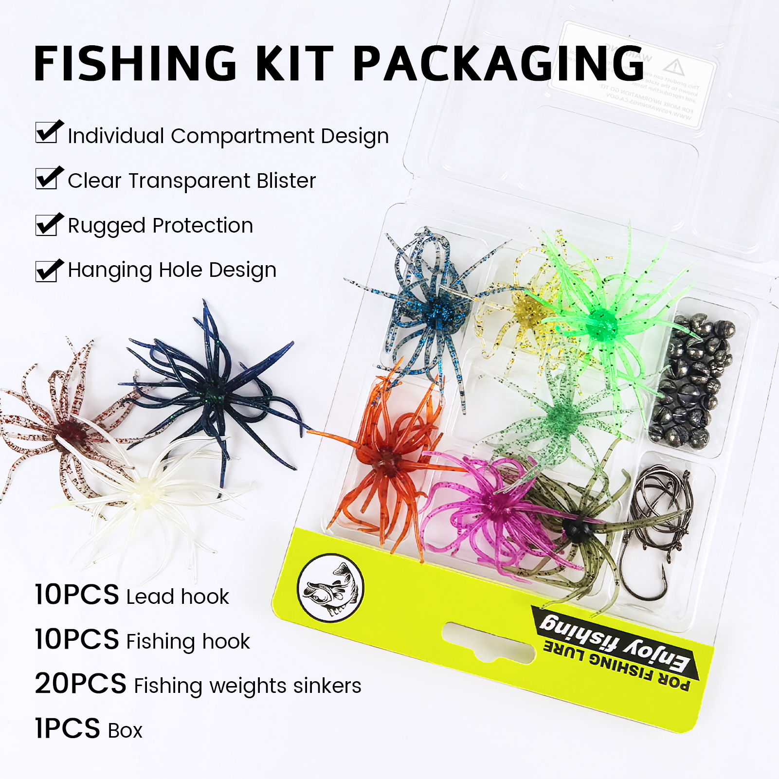 FREE FISHER 40pcs/Lot Sea Urchin Baits with Fishing Weights,Floating Soft Creature Lures,1.6g Dice Artificial Fuzzy Bait Wacky Hooks
