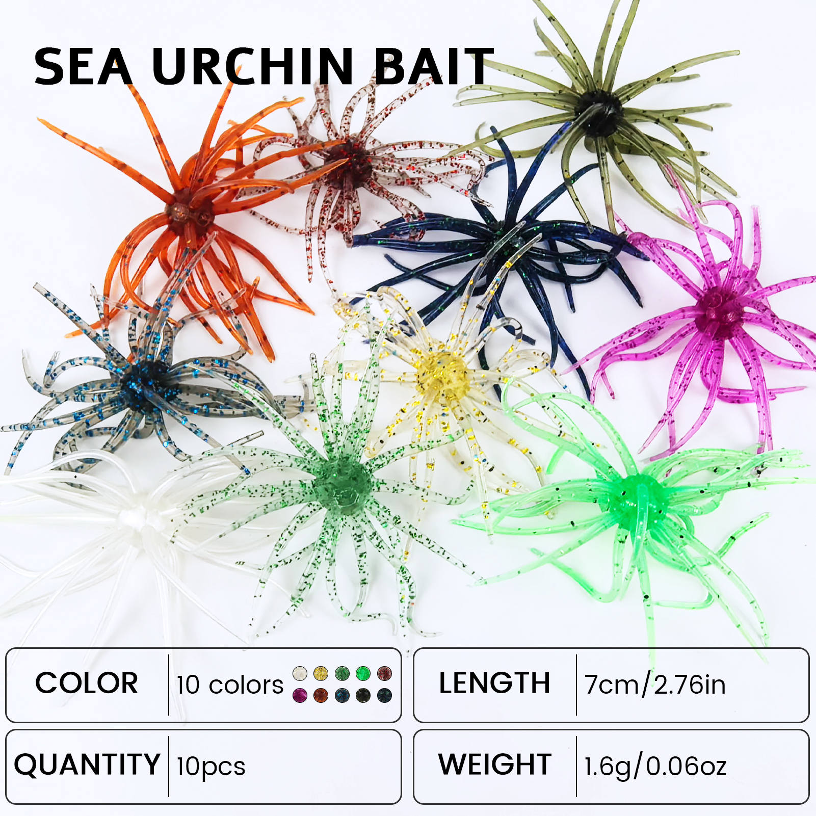 FREE FISHER 20pcs/Lot Fishing Sea Urchin Baits,Floating TPE Soft Creature Lures,7cm 1.6g Dice Artificial Fuzzy Bait with Jig Head Hooks 