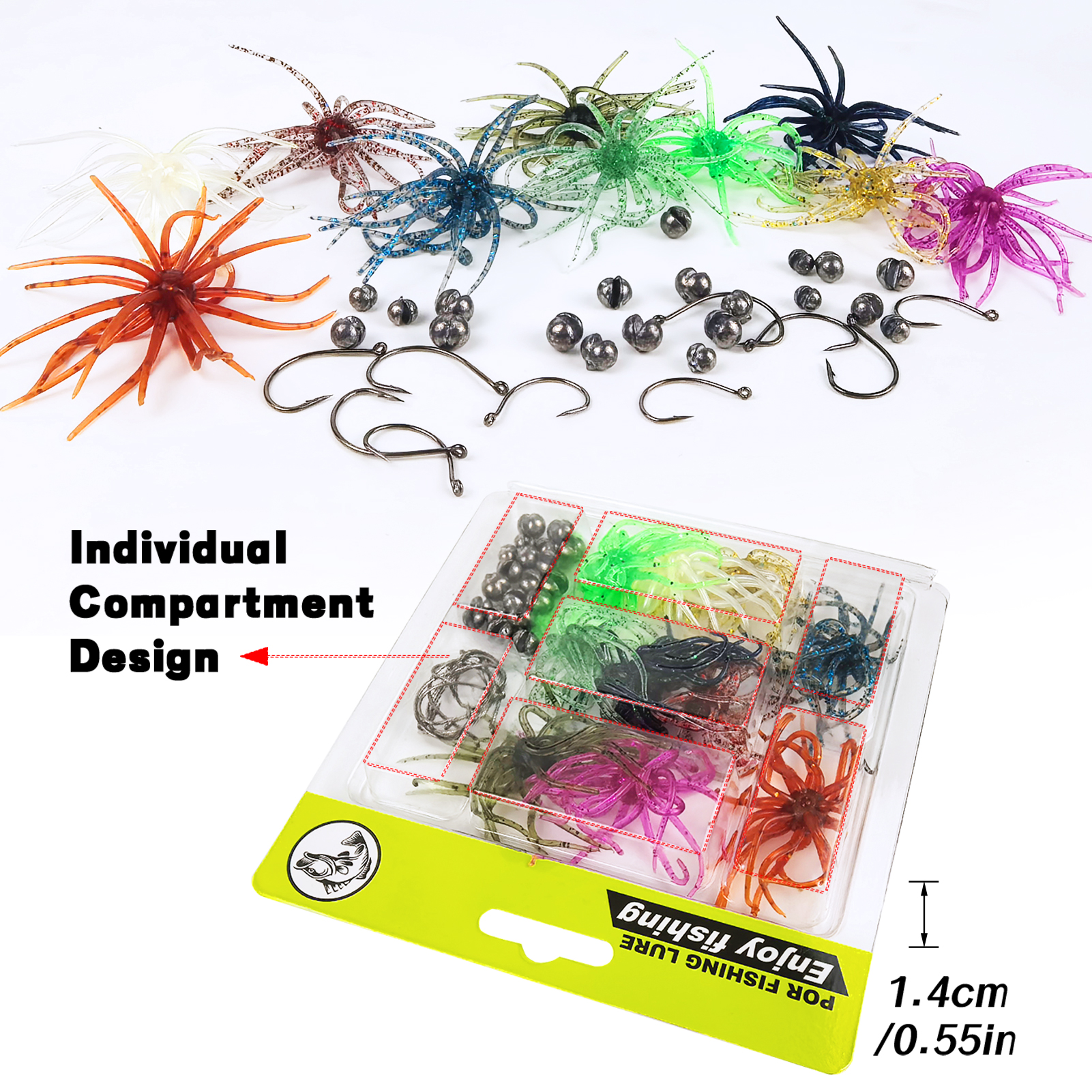 FREE FISHER Sea Urchin Baits Kit,Soft Creature Lures,9cm 3.6g/7cm 1.6g Dice Artificial Fuzzy Bait,Hooks Fishing Weights for Neko Rigs