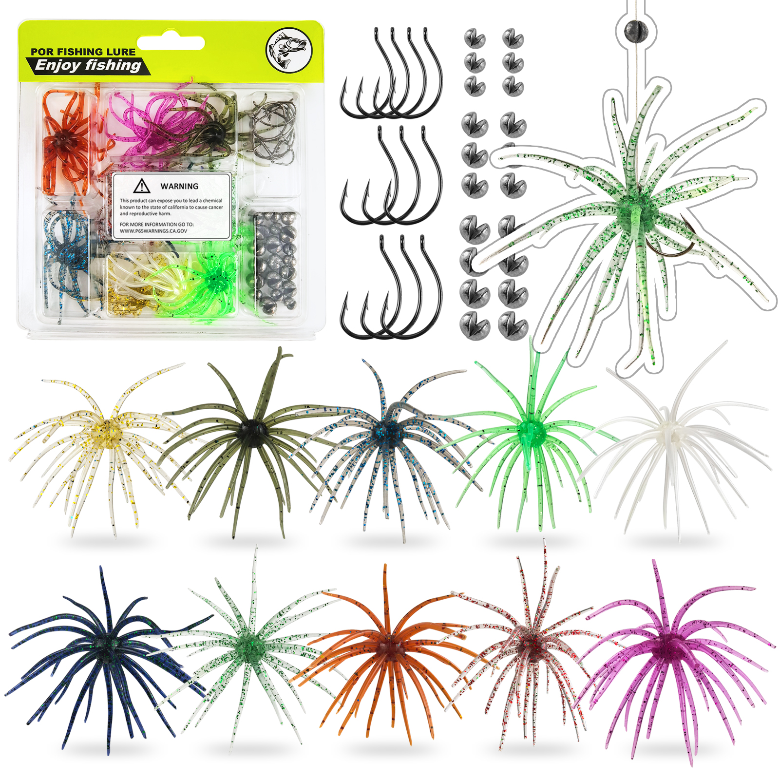 FREE FISHER 40pcs/Lot Sea Urchin Baits with Fishing Weights,Floating Soft Creature Lures,1.6g Dice Artificial Fuzzy Bait Wacky Hooks