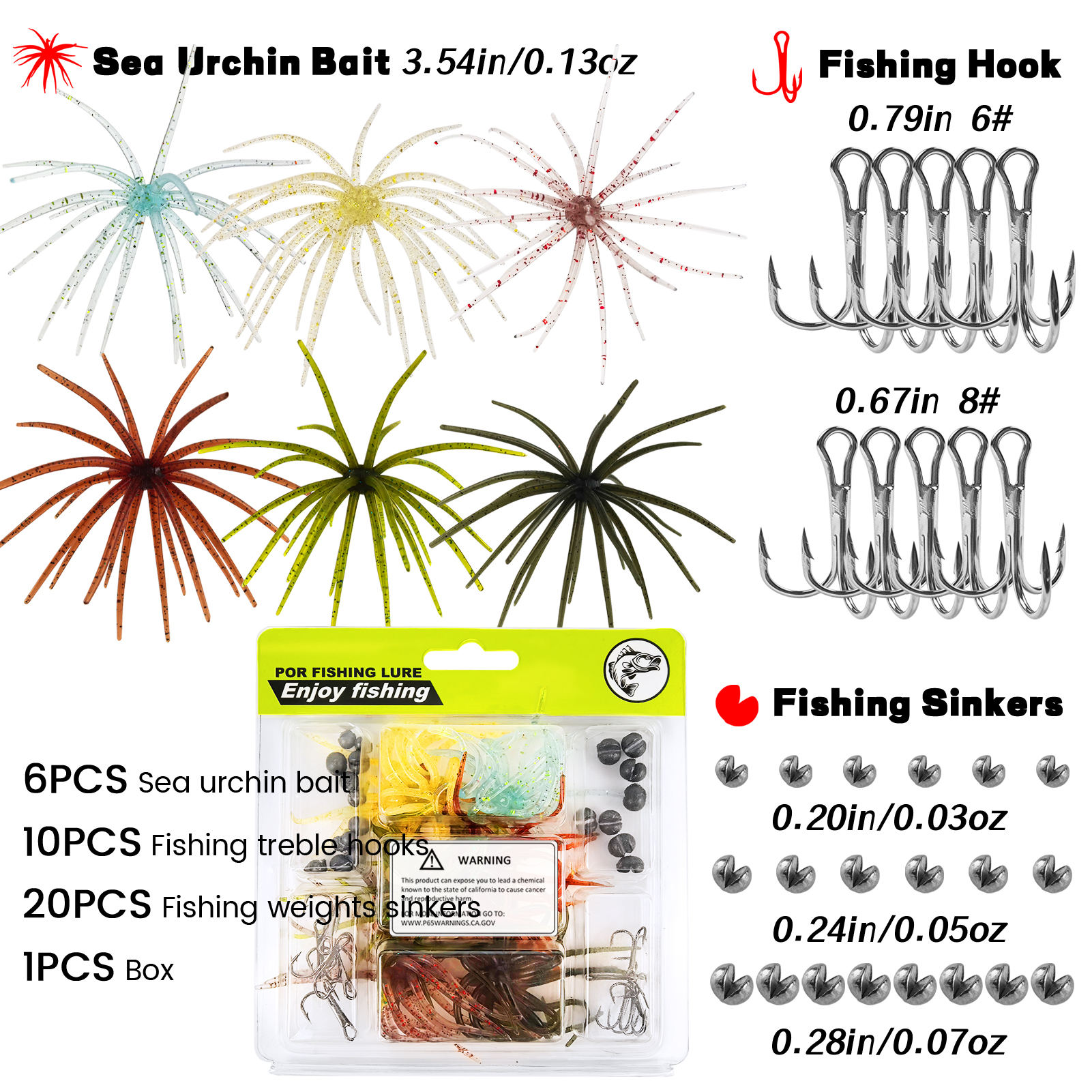 FREE FISHER Sea Urchin Baits Kit,Soft Creature Lures,9cm 3.6g/7cm 1.6g Dice Artificial Fuzzy Bait,Hooks Fishing Weights for Neko Rigs