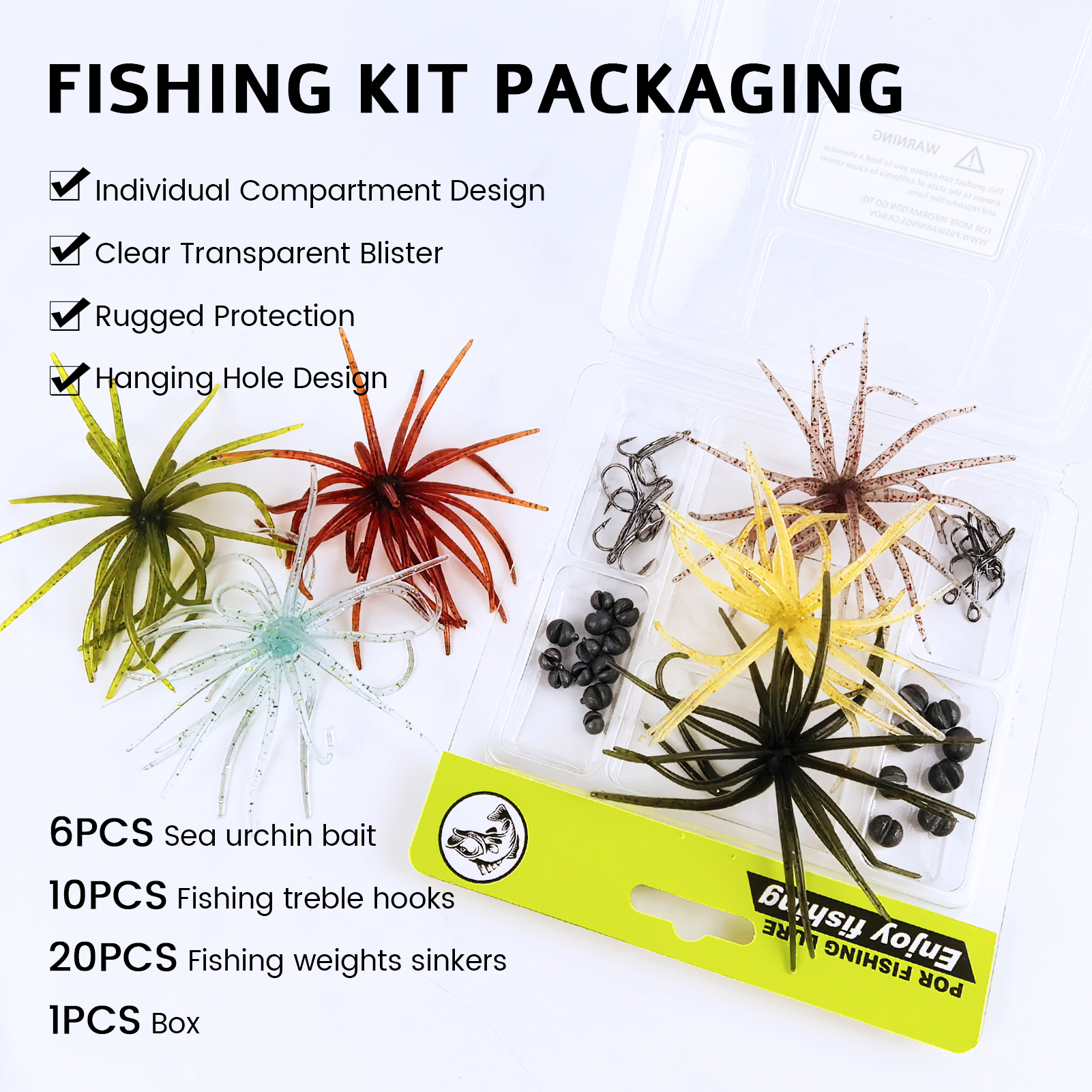 FREE FISHER 36pcs/Lot Sea Urchin Baits,Soft Creature Lures,9cm 3.6g Dice Artificial Fuzzy Bait Treble Hooks Fishing Weights Rigs