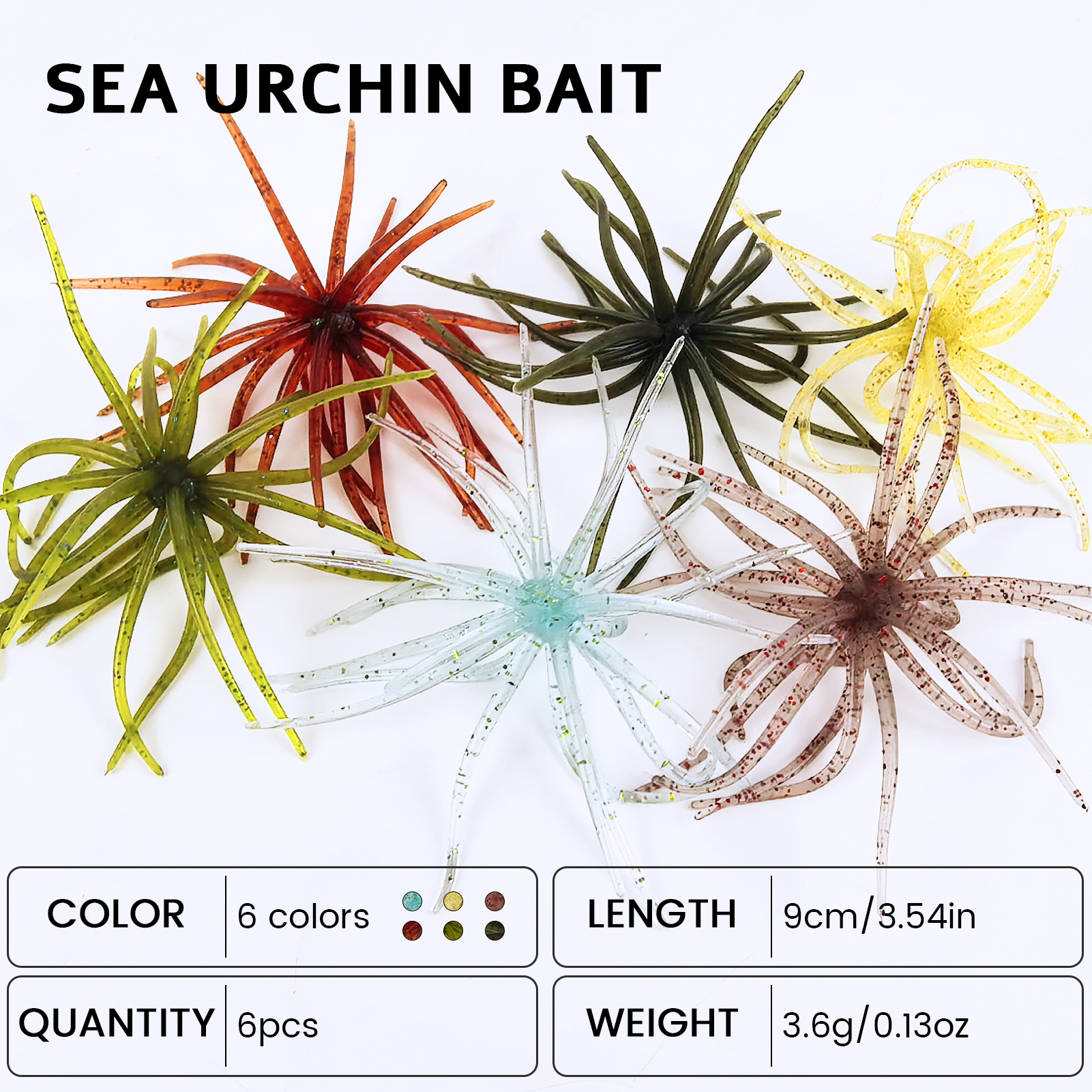 FREE FISHER 36pcs/Lot Sea Urchin Baits,Soft Creature Lures,9cm 3.6g Dice Artificial Fuzzy Bait Treble Hooks Fishing Weights Rigs