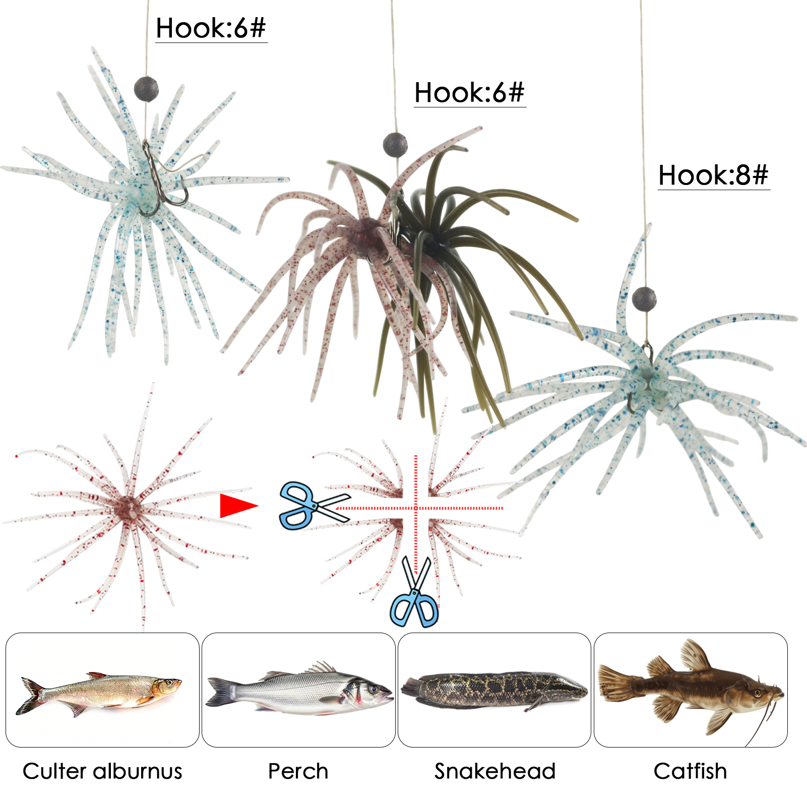 FREE FISHER Sea Urchin Baits Kit,Soft Creature Lures,9cm 3.6g/7cm 1.6g Dice Artificial Fuzzy Bait,Hooks Fishing Weights for Neko Rigs