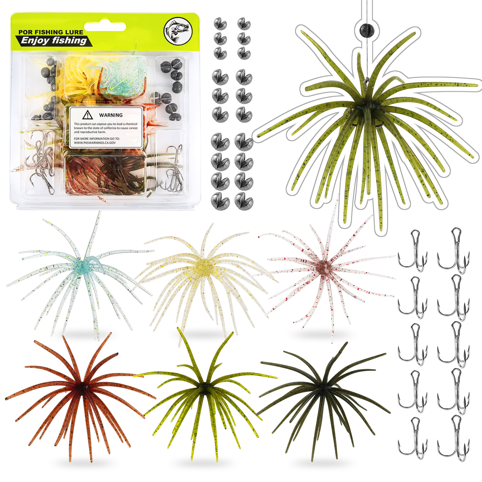 FREE FISHER 36pcs/Lot Sea Urchin Baits,Soft Creature Lures,9cm 3.6g Dice Artificial Fuzzy Bait Treble Hooks Fishing Weights Rigs