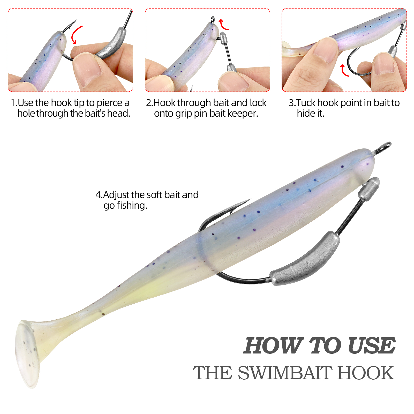 FREE FISHER 15pcs Weighted Swimbait Hooks with Molded Bait Keeper,Equipped with Weedless Worm Fishing Crank Hook 2/0 3/0 4/0 5/0