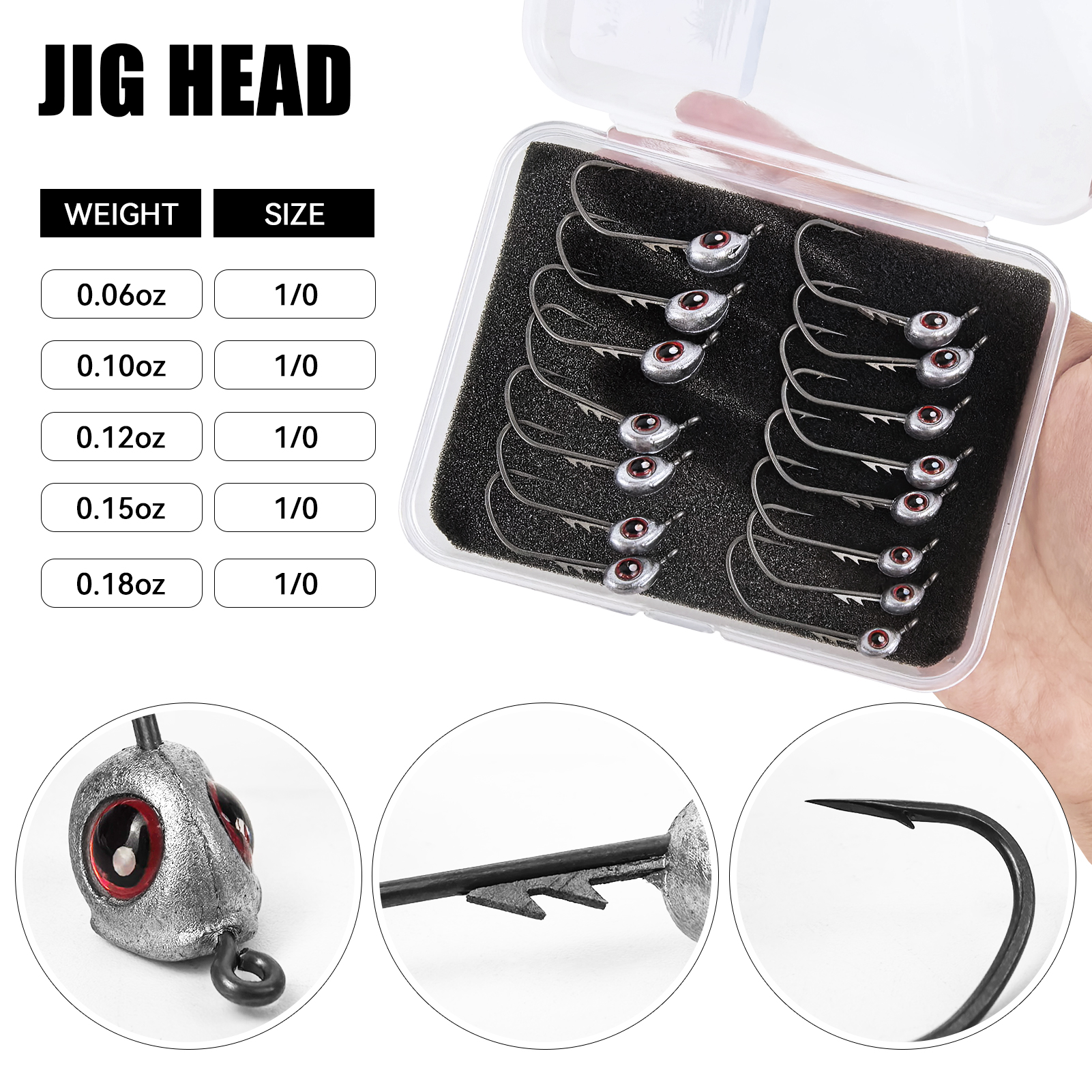 FREE FISHER 15pcs/Lot Fish Eye Jig Head Hooks,0.06oz-0.18oz Multi Weights,Fishing Sinker Barbed Hook,Saltwater Jigging Swimbaits 