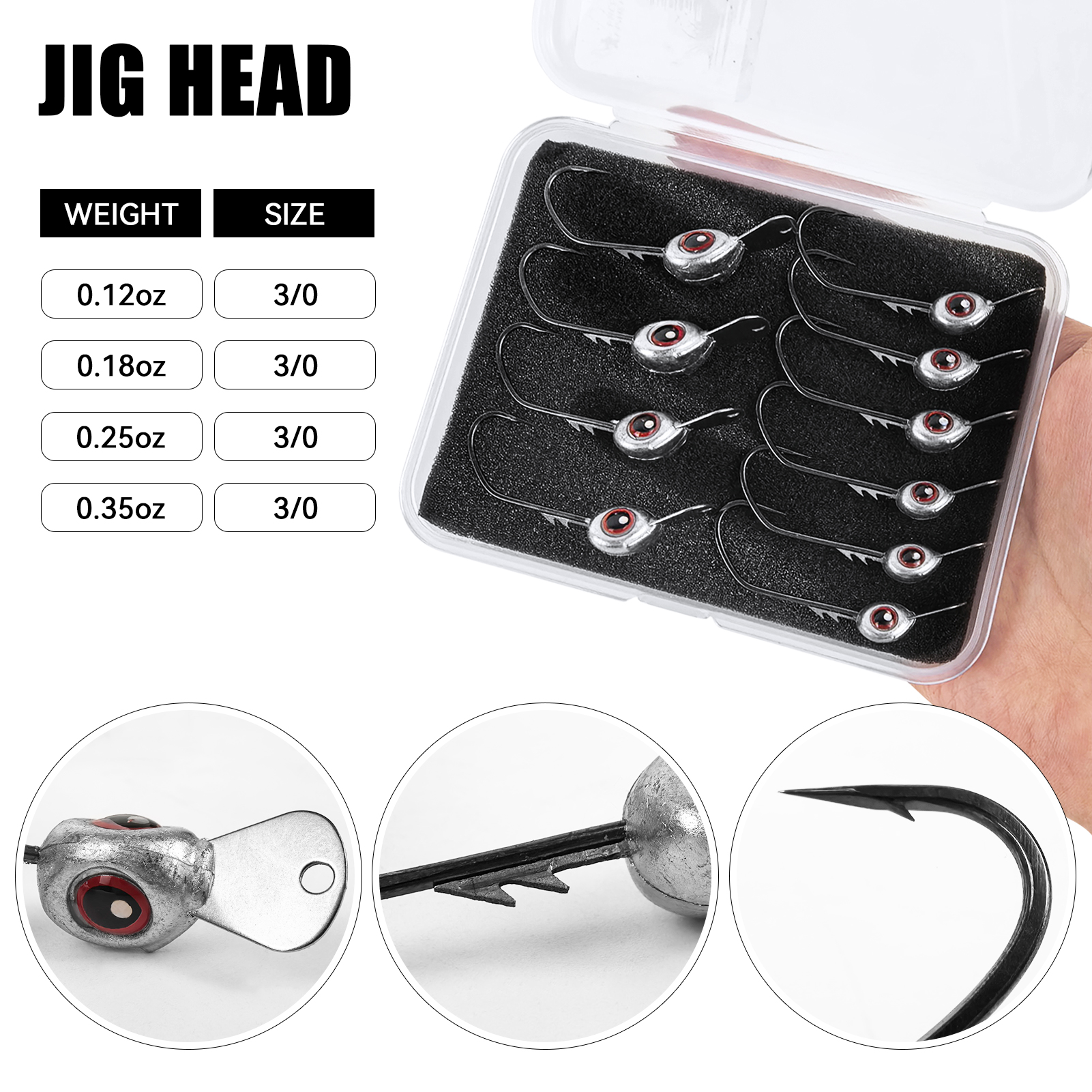 FREE FISHER 10pcs/Box Fish Eye Jig Head Hook with Tongue Plate,1/8-3/8oz JIG Hooks Swimbait,Die-Casting Sea Fishing Rig Weights 