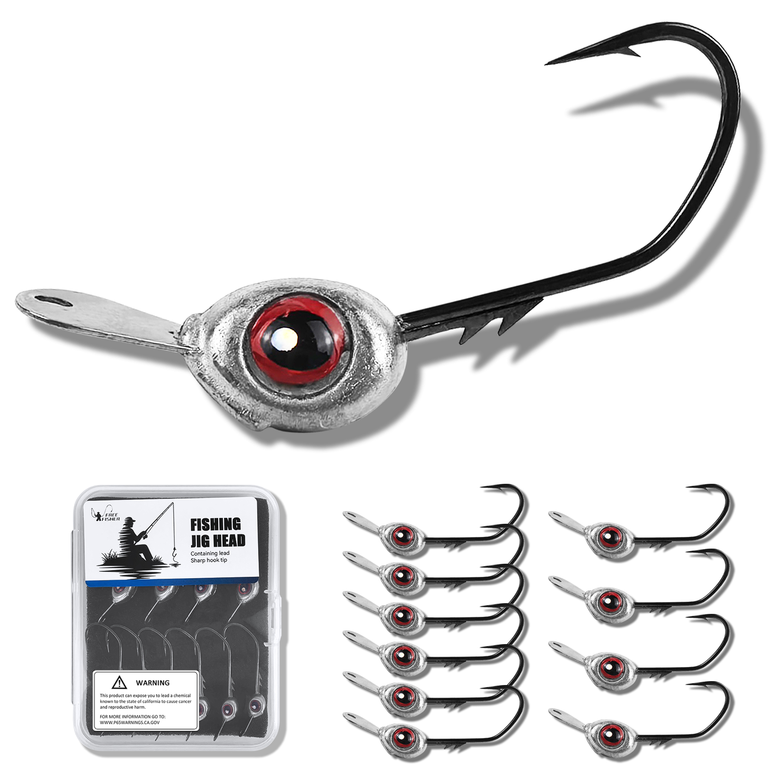 FREE FISHER 10pcs/Box Fish Eye Jig Head Hook with Tongue Plate,1/8-3/8oz JIG Hooks Swimbait,Die-Casting Sea Fishing Rig Weights 
