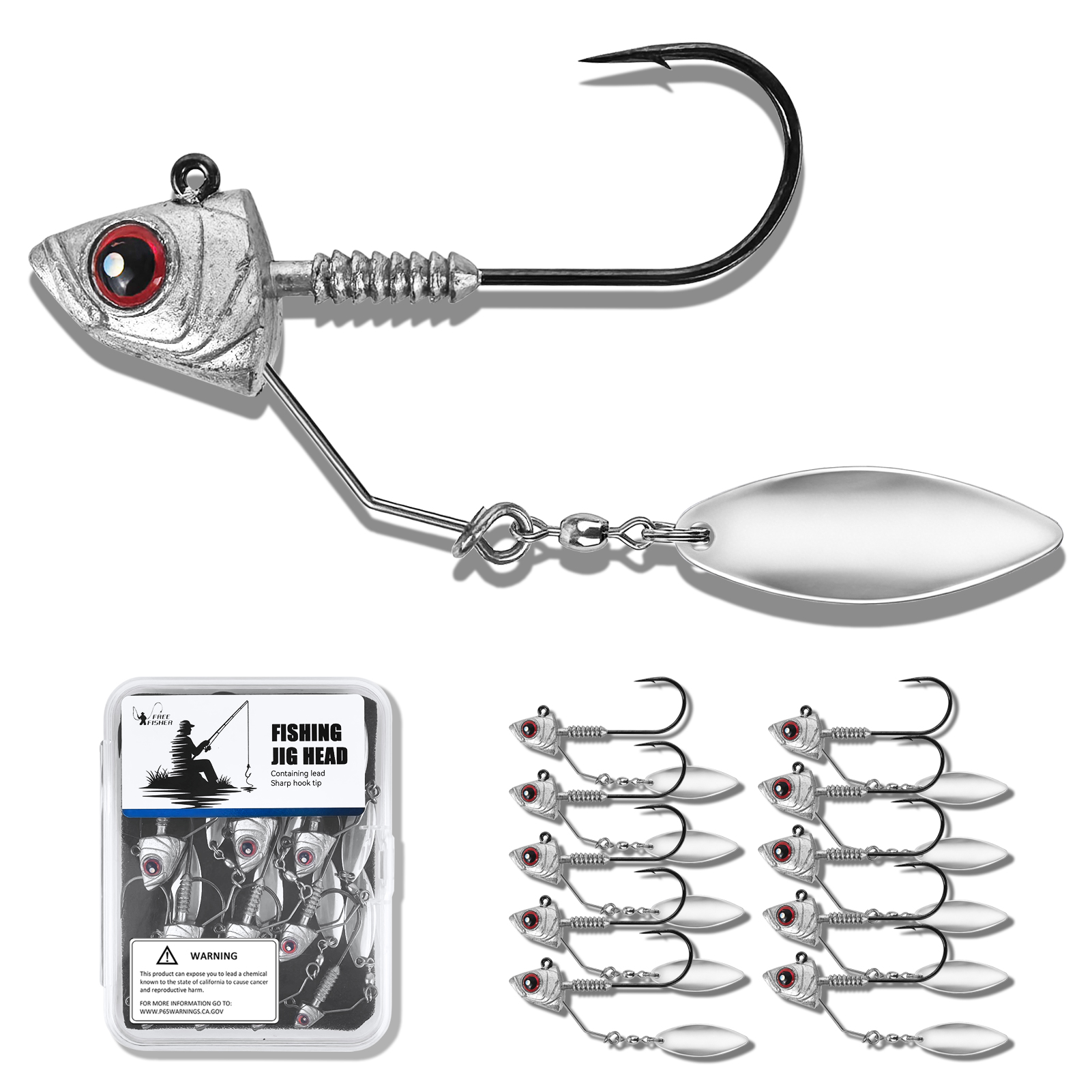 FREE FISHER 10pcs/Box Fishing Jig Head Hooks,3.5g-14g Underspin Jigs,Saltwater Jigging Swimbaits with Blade,Spinner Fishing Lures 