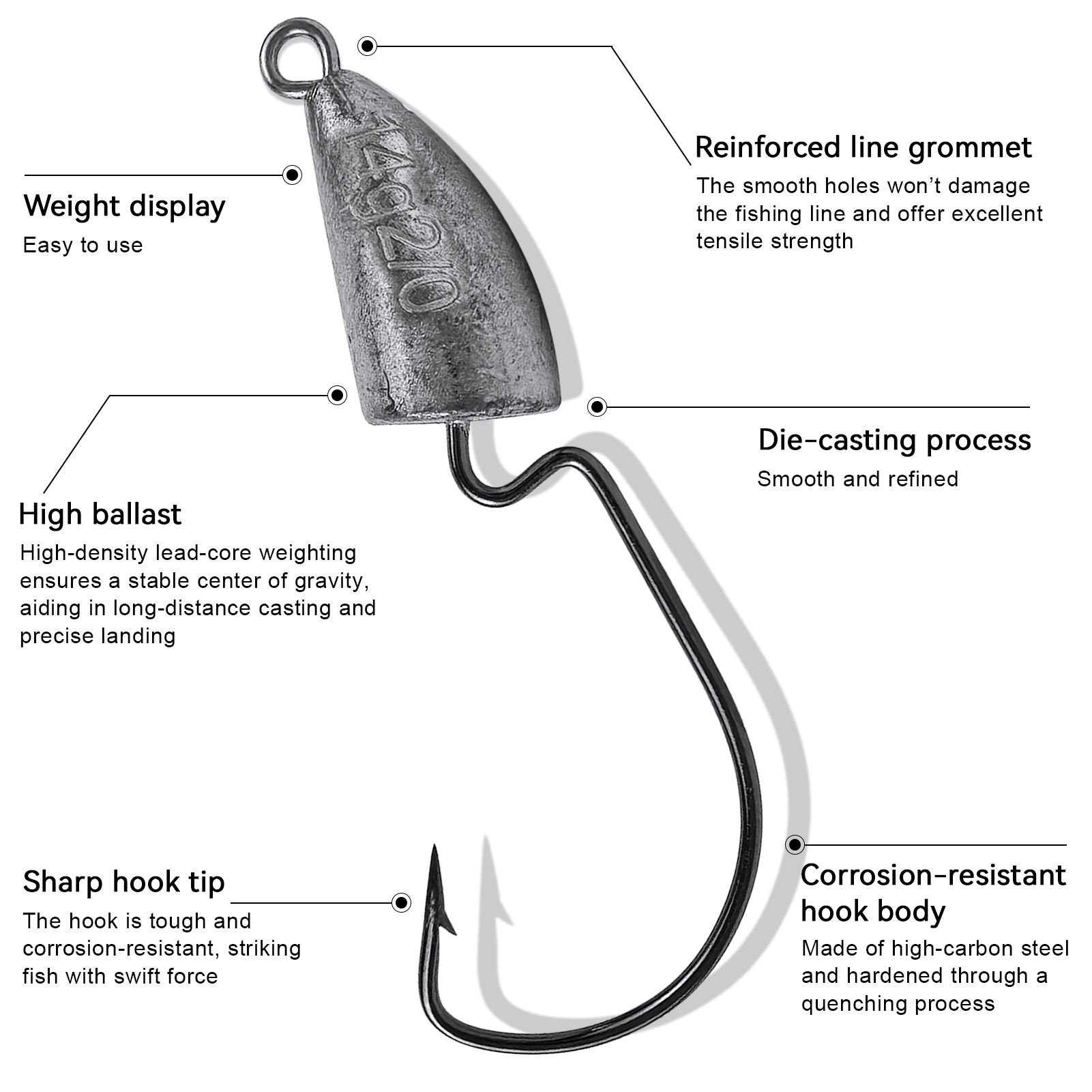 FREE FISHER 15pcs/Lot Jig Head Crankhook,3/16oz,1/4oz,3/8oz,1/2oz Fishing Weights Worm Hooks,Die-Casting Swimbait Sinkers Rigs 