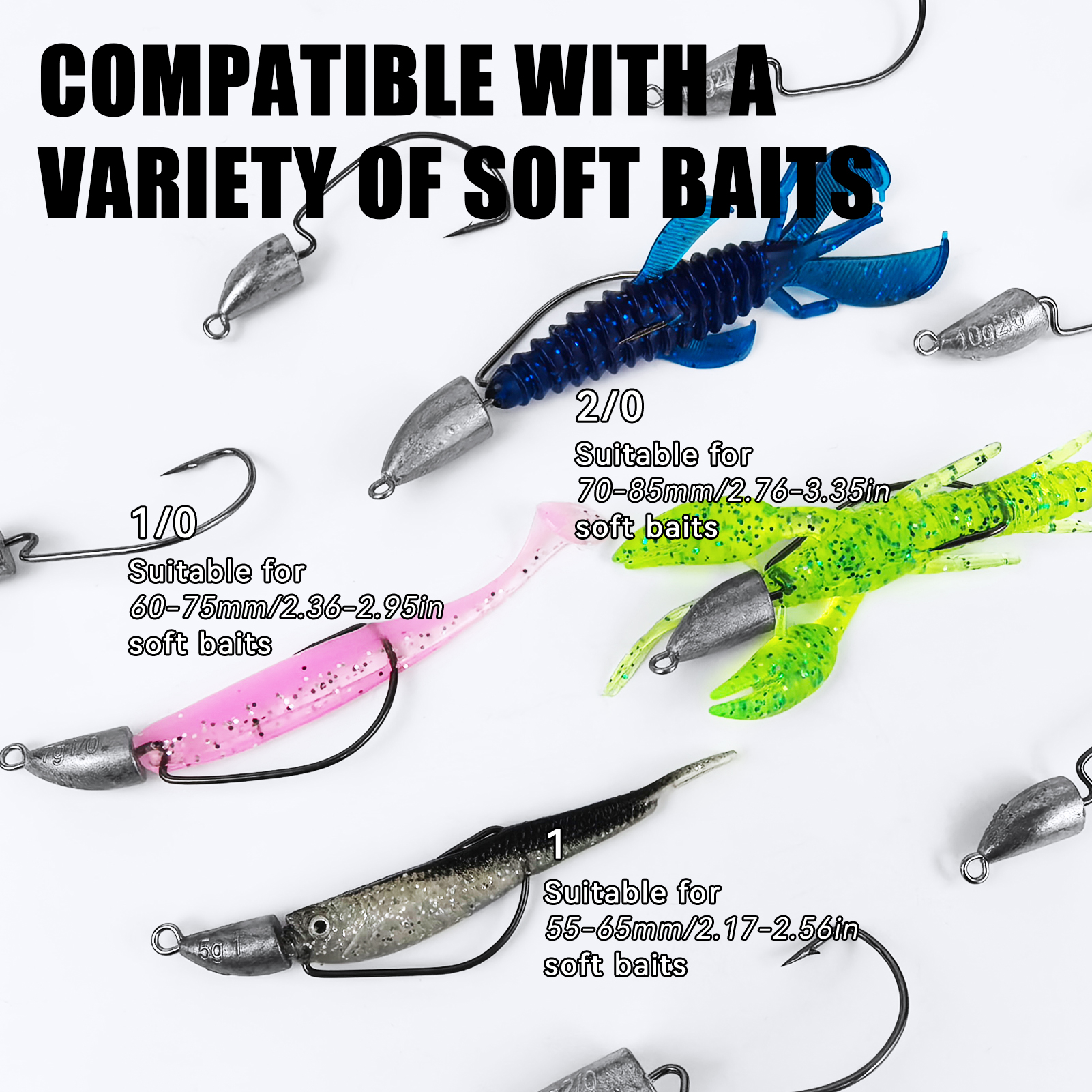 FREE FISHER 15pcs/Lot Jig Head Crankhook,3/16oz,1/4oz,3/8oz,1/2oz Fishing Weights Worm Hooks,Die-Casting Swimbait Sinkers Rigs 