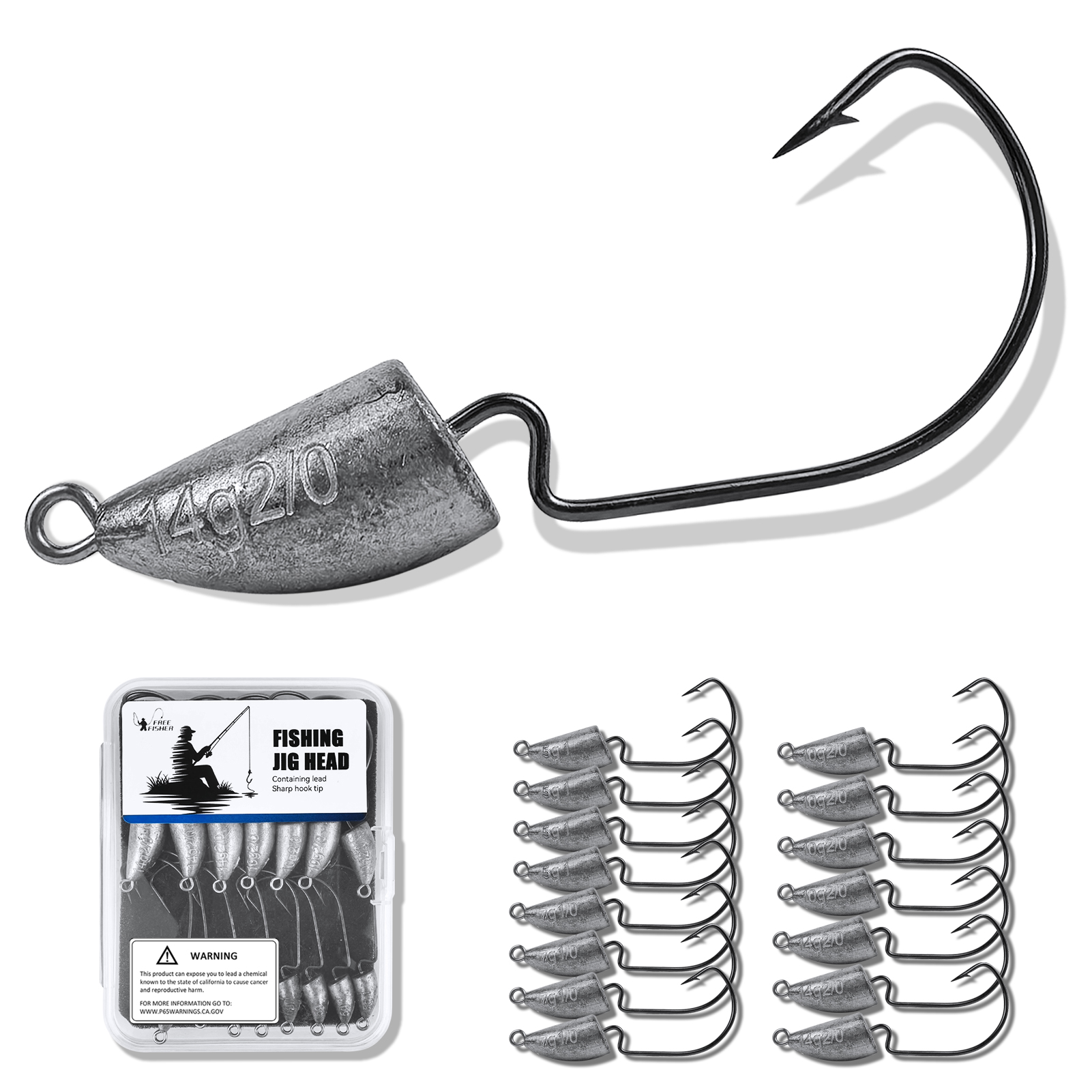 FREE FISHER 15pcs/Lot Jig Head Crankhook,3/16oz,1/4oz,3/8oz,1/2oz Fishing Weights Worm Hooks,Die-Casting Swimbait Sinkers Rigs 