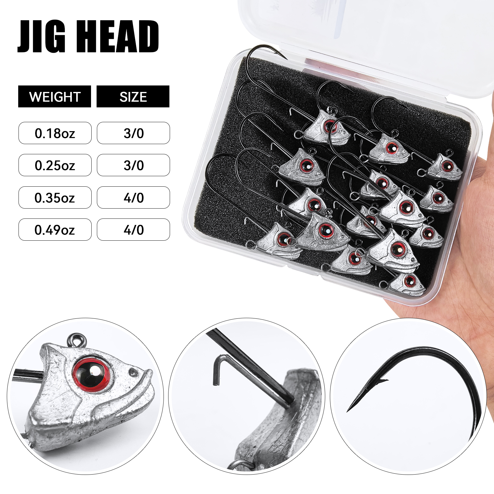 FREE FISHER 15pcs/Box Saltwater Jig Heads,5g/7g/10g/14g Mixed Fishing Weights,3D Fish Eyes  Hooks,Bait Keeper Ned Rig Jigheads 