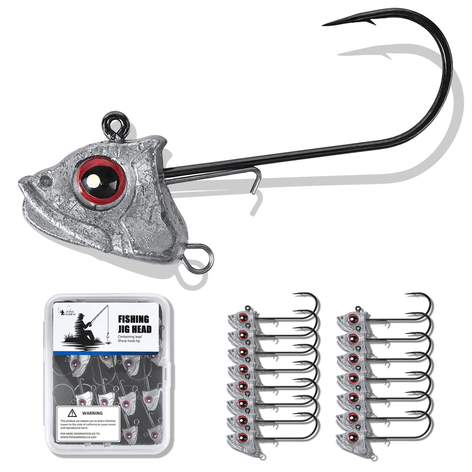 FREE FISHER 15pcs/Box Saltwater Jig Heads,5g/7g/10g/14g Mixed Fishing Weights,3D Fish Eyes  Hooks,Bait Keeper Ned Rig Jigheads 
