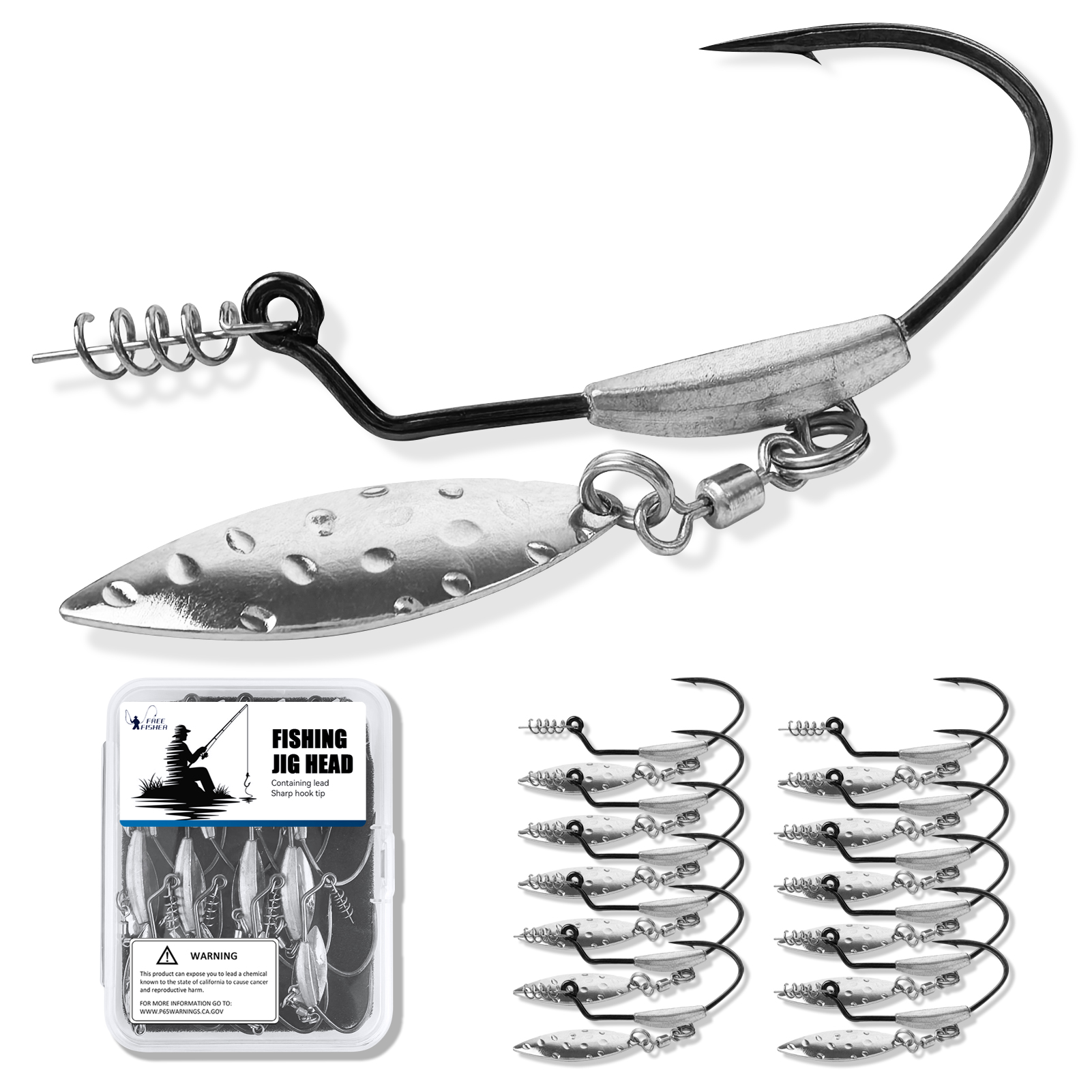 FREE FISHER 12pcs/Box Jig Head Hooks,3.5g 5g 7g Spinner Bladed Hook with Spin Lock Pin,Fishing Weights Crankhook Soft Baits Rigs