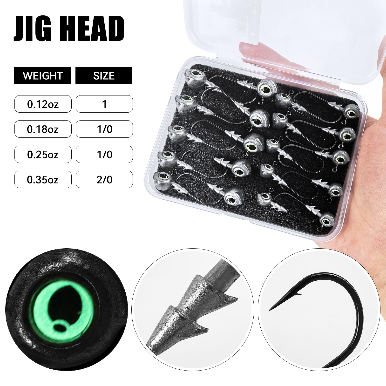 FREE FISHER 20pcs/Box Jig Head Hooks with 3D Luminous Fisheye,3.5g/5g/7g/10g Fishing Texas Rigs Accessories Fishhook for Swimbaits Soft Lures