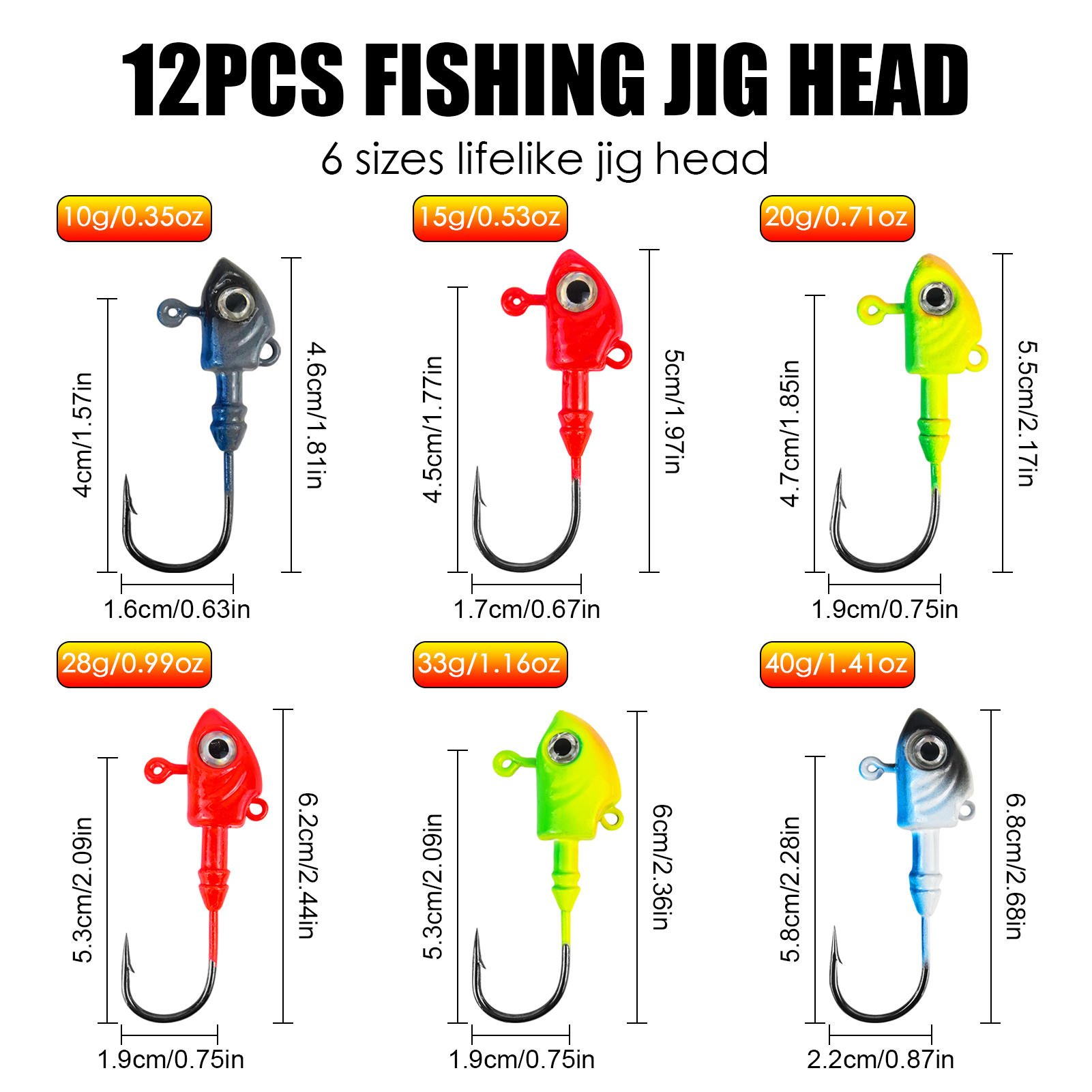 FREE FISHER 12pcs/Box Jig Heads Fishing Hooks,Fishing Lead Head Fish Bait,10g-40g Saltwater Jigging Fishhook for Soft Worm Lures