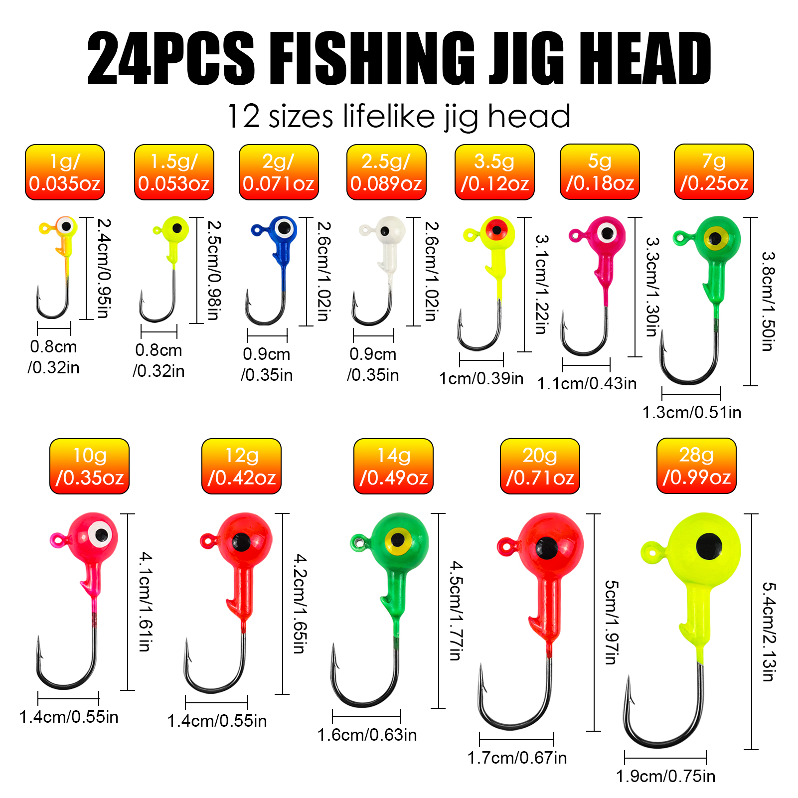 FREE FISHER 24pcs/Box Fishing Lead Head Fish Bait,Jig Heads Fishing Hooks,1g-28g Saltwater Jigging Fishhook for Soft Worm Bass Lures