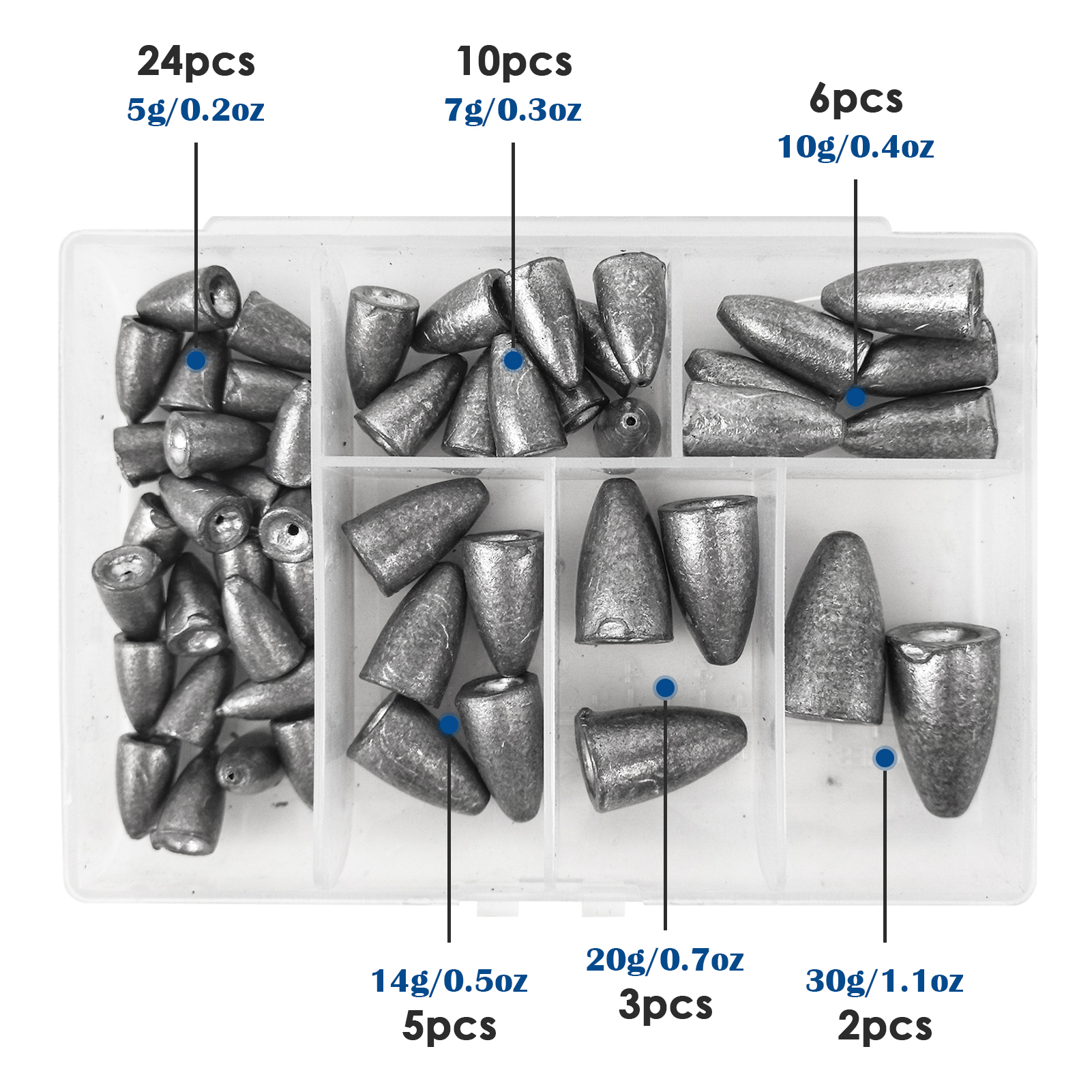 FREE FISHER 50pcs/Box Fishing Weights,Mixed Bullet Plumb,Lead Sinker,Throwing Fishing Tackle Accessories Split Shot Sinkers 