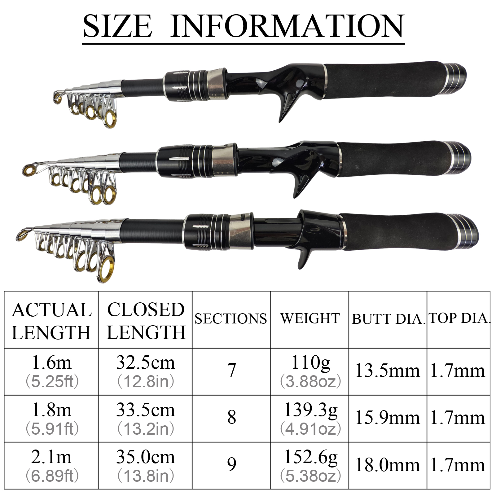 FREE FISHER Sea Fishing Rod,Telescopic Fishing Fiberglass Casting Rod,1.6m/1.8m/2.1m Collapsible Extendable EVA Handle Fish Pole 