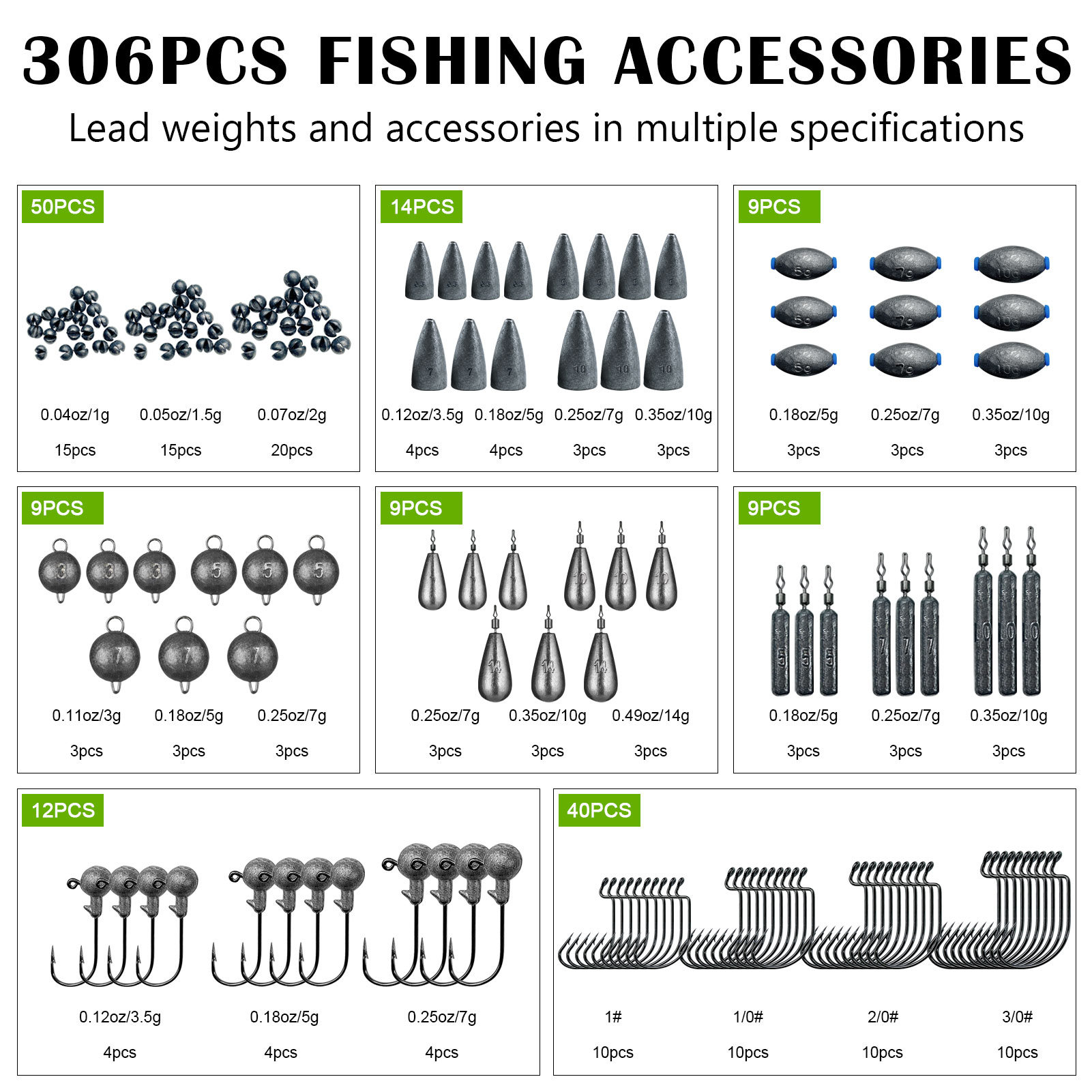 FREE FISHER 306pcs Fishing Weights Set Mixed Lead Sinkers Crank Jig Hooks Bait Lure Acceccories Swivels Snaps Beads with Multigrid Box for Freshwater/Saltwater