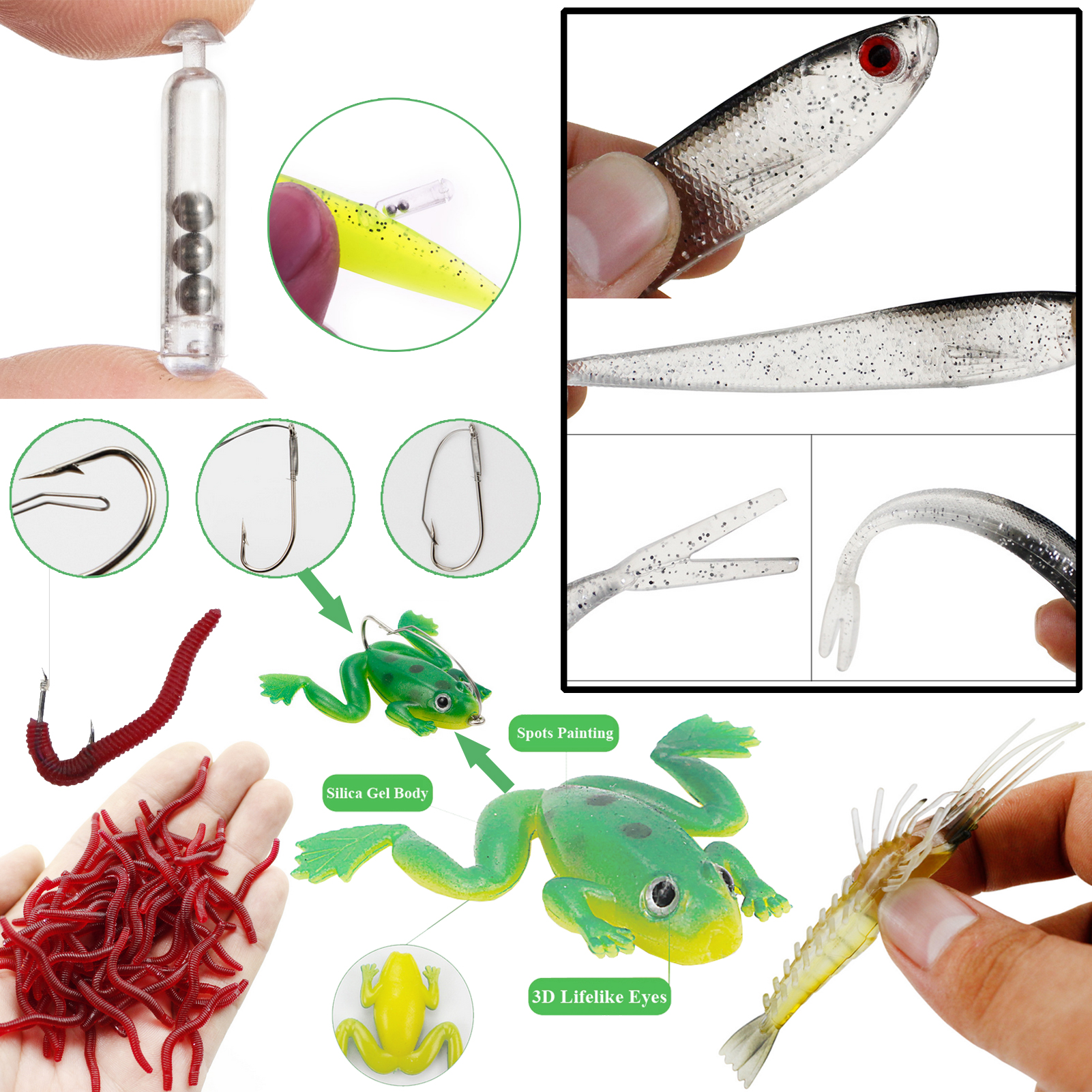 FREE FISHER 311pcs Fishing Soft Lures + Backpack Fishing Weights Hooks Hard Baits Beads Swivels Metal Spoon Spinnerbaits Fish Tackle Box Kit
