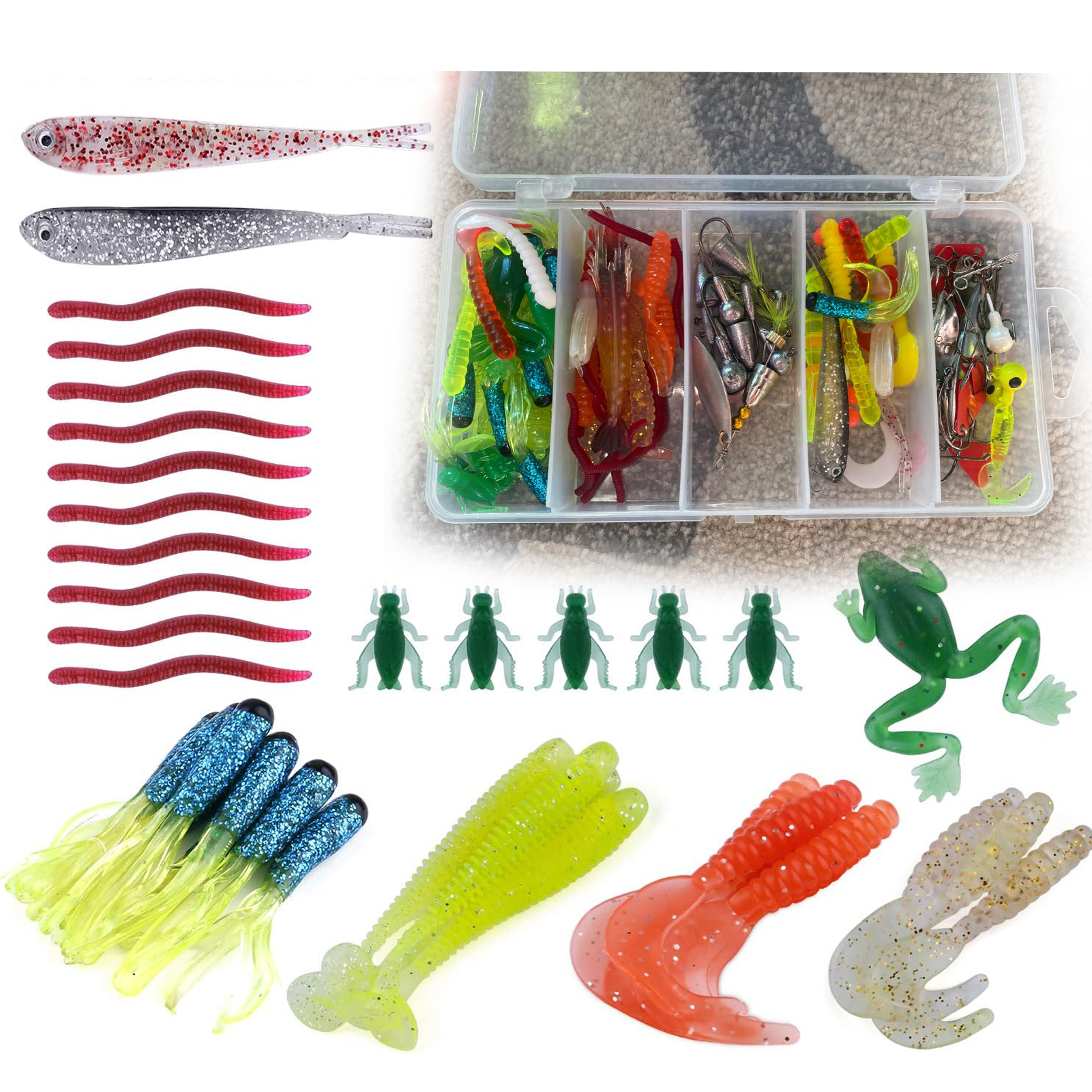 FREE FISHER 78pcs/Box Fishing Lures Set Minnow VIB Popper Soft Worms Carp Fishing Accessory Swivels Sinker Beads Spoon Spinnerbaits Kit