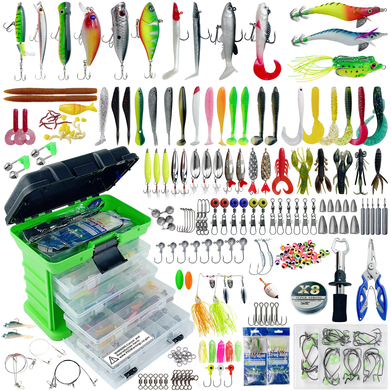 FREE FISHER 346pcs Large Fishing Tackle Box Multifunctional Portable 4-Layer Fishing Lures Storage Case with Baits Line Hooks Beads Sinkers Swivels