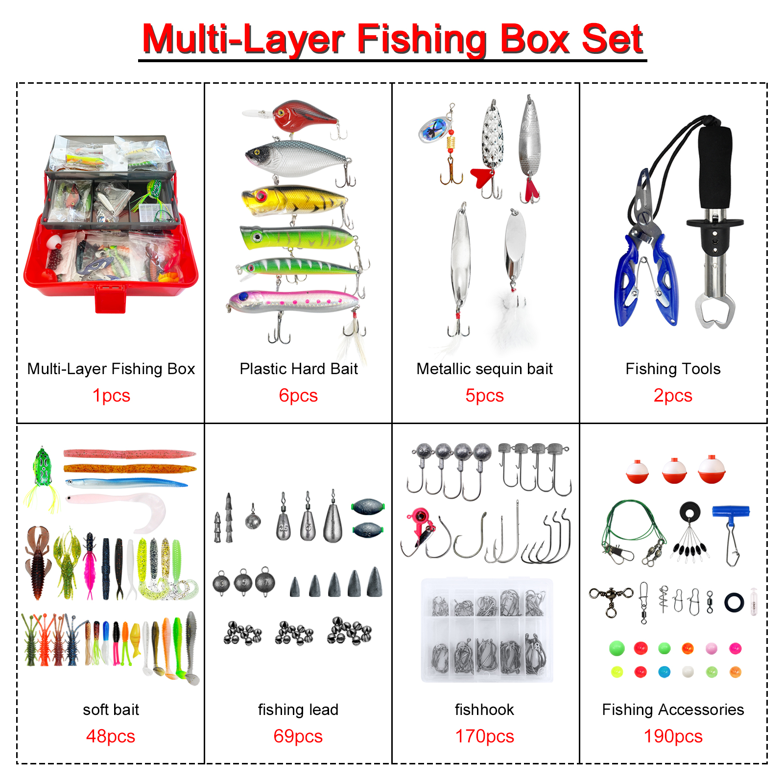 FREE FISHER 491pcs/Box Fishing Tackle Kit Mixed Soft Lures Hard Baits Fishing Griper Hooks Sinkers Jigs Swivels Beads for Freshwater Saltwater