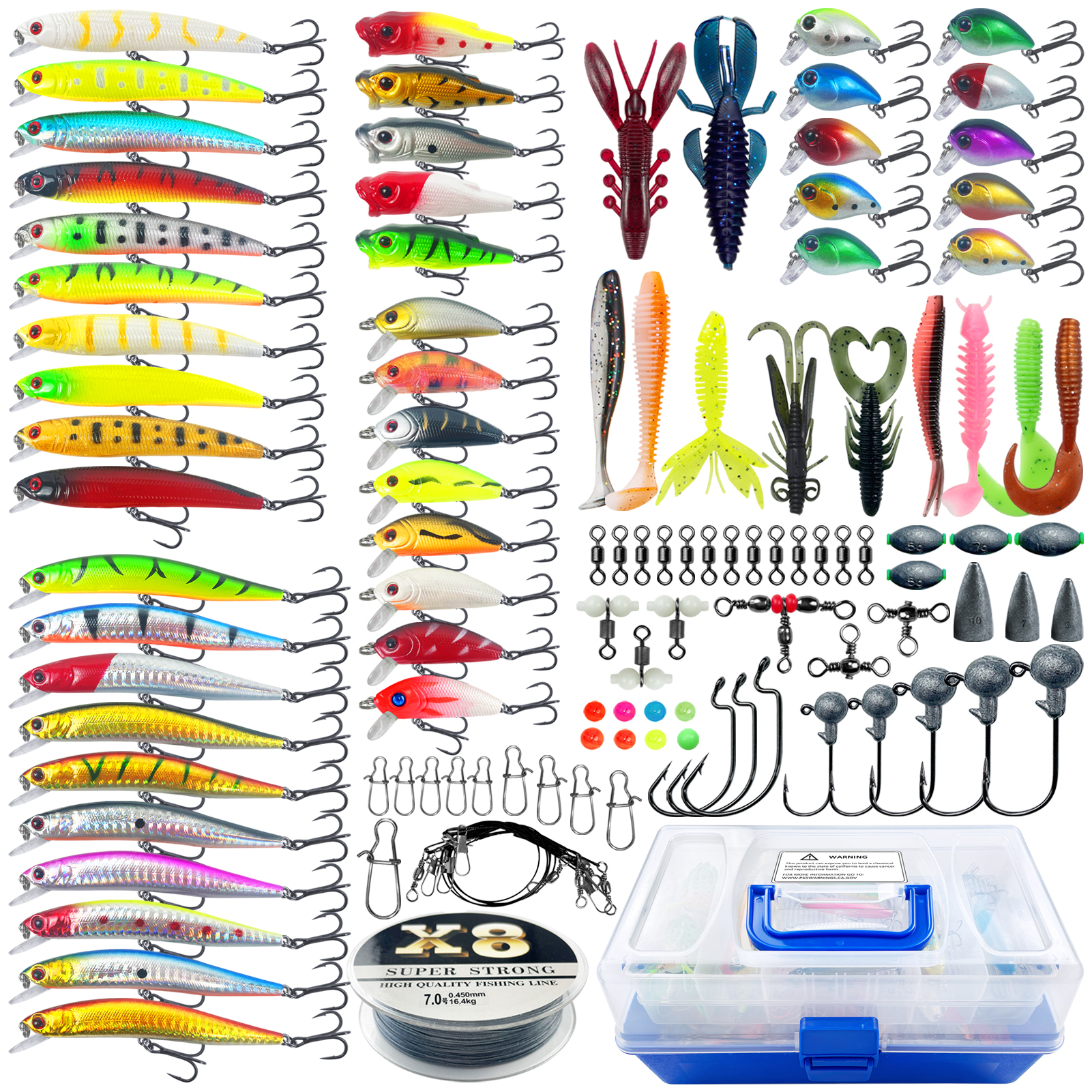 FREE FISHER 271pcs/Box Freshwater Lures Kit,Fishing Hard Baits,Mixed Artificial Lures Soft Worms,Sinkers Swivels Line Fishing Accessories Set