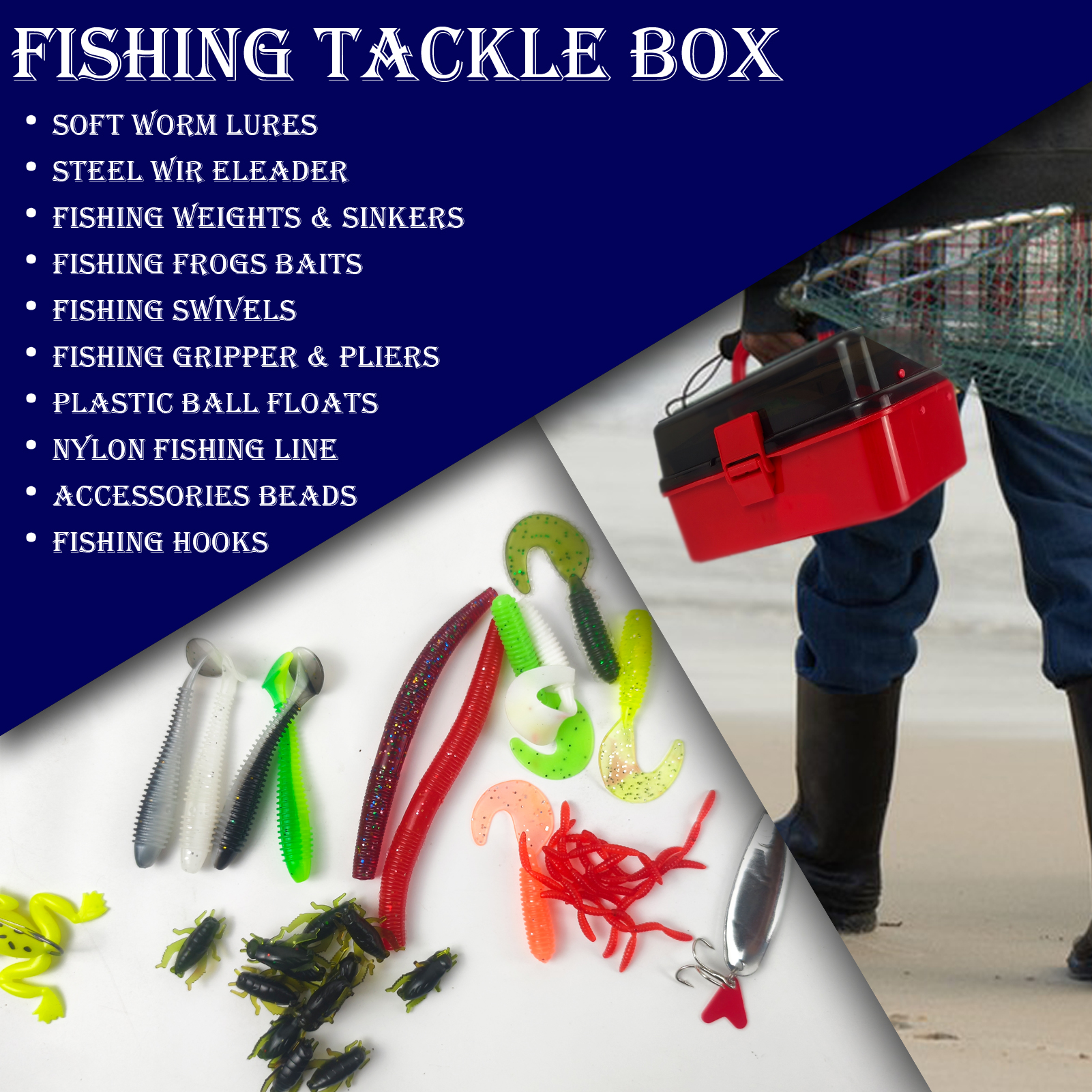 FREE FISHER 423pcs/Lot Fishing Tackle Box,Soft Worm Lures,Frogs Jig Hooks,Gripper Pliers Tooks,Fishing Weights, Spoon Baits Kit