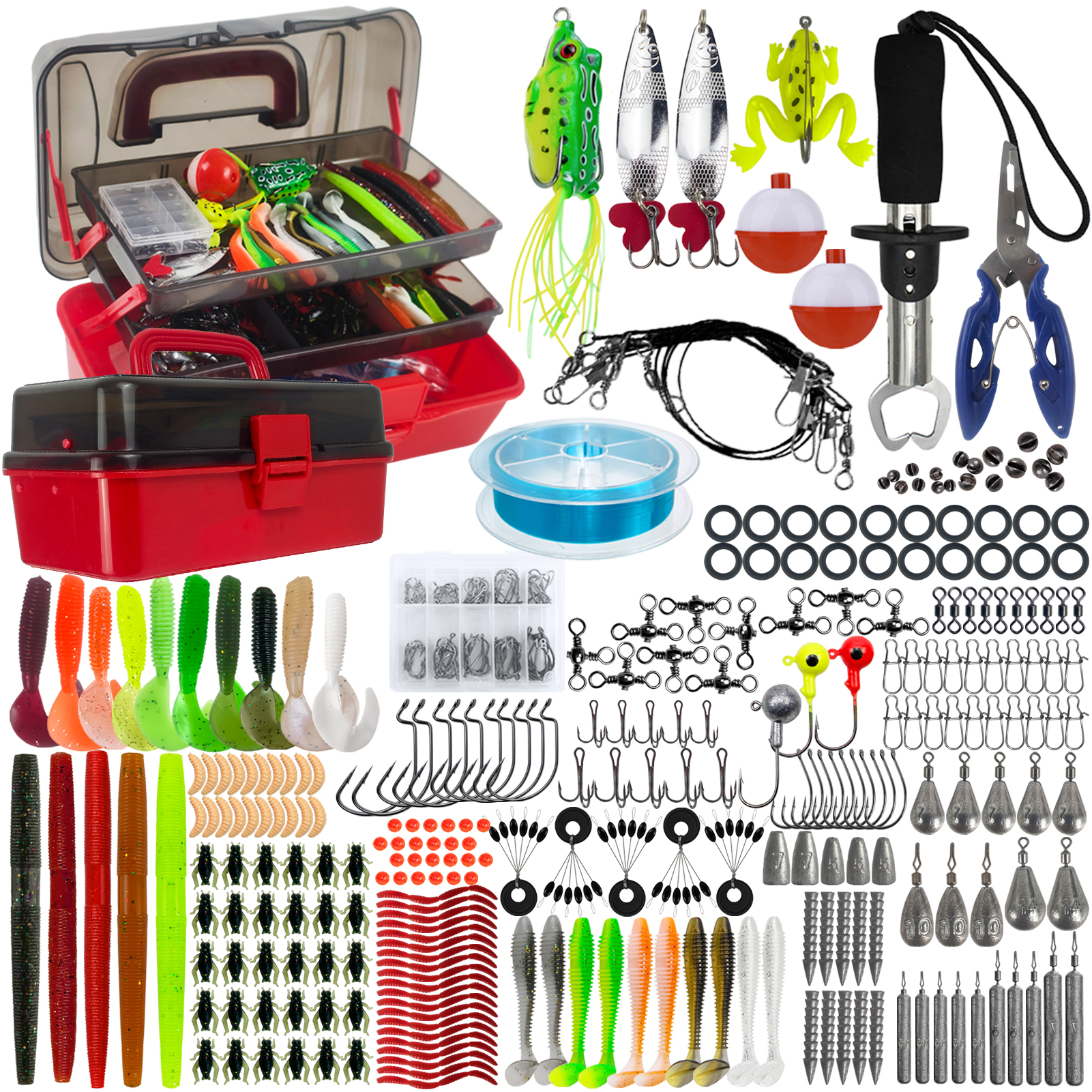 FREE FISHER 423pcs/Lot Fishing Tackle Box,Soft Worm Lures,Frogs Jig Hooks,Gripper Pliers Tooks,Fishing Weights, Spoon Baits Kit