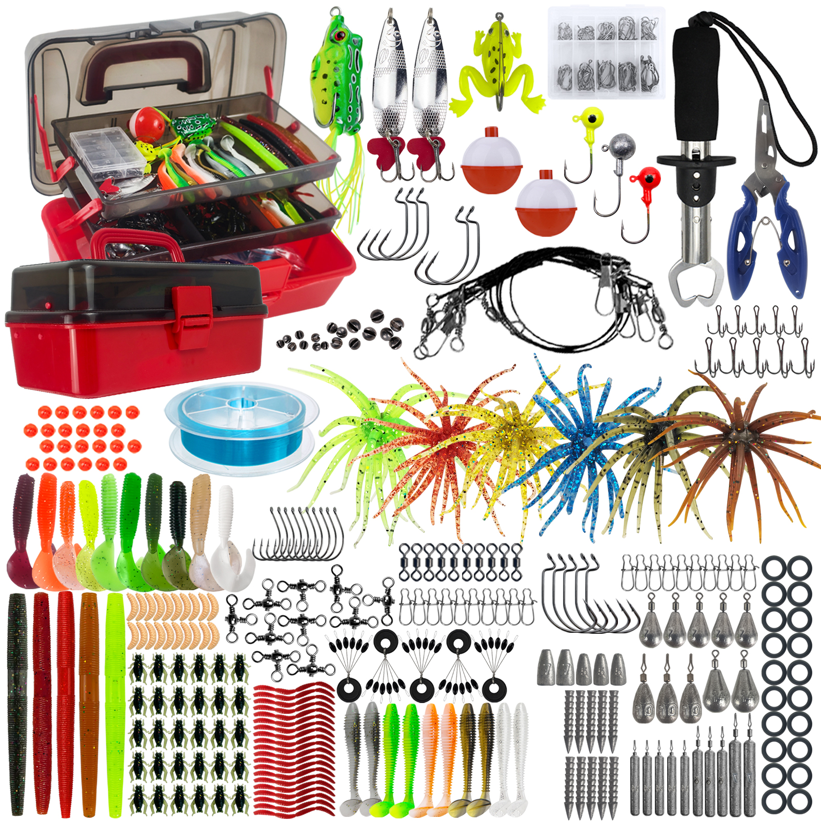 FREE FISHER 428pcs/Box Fishing Tackle Box with Sea Urchin Baits,Frogs Jig Hooks,Fishing Weights Gripper Pliers Tools,Bass Lures