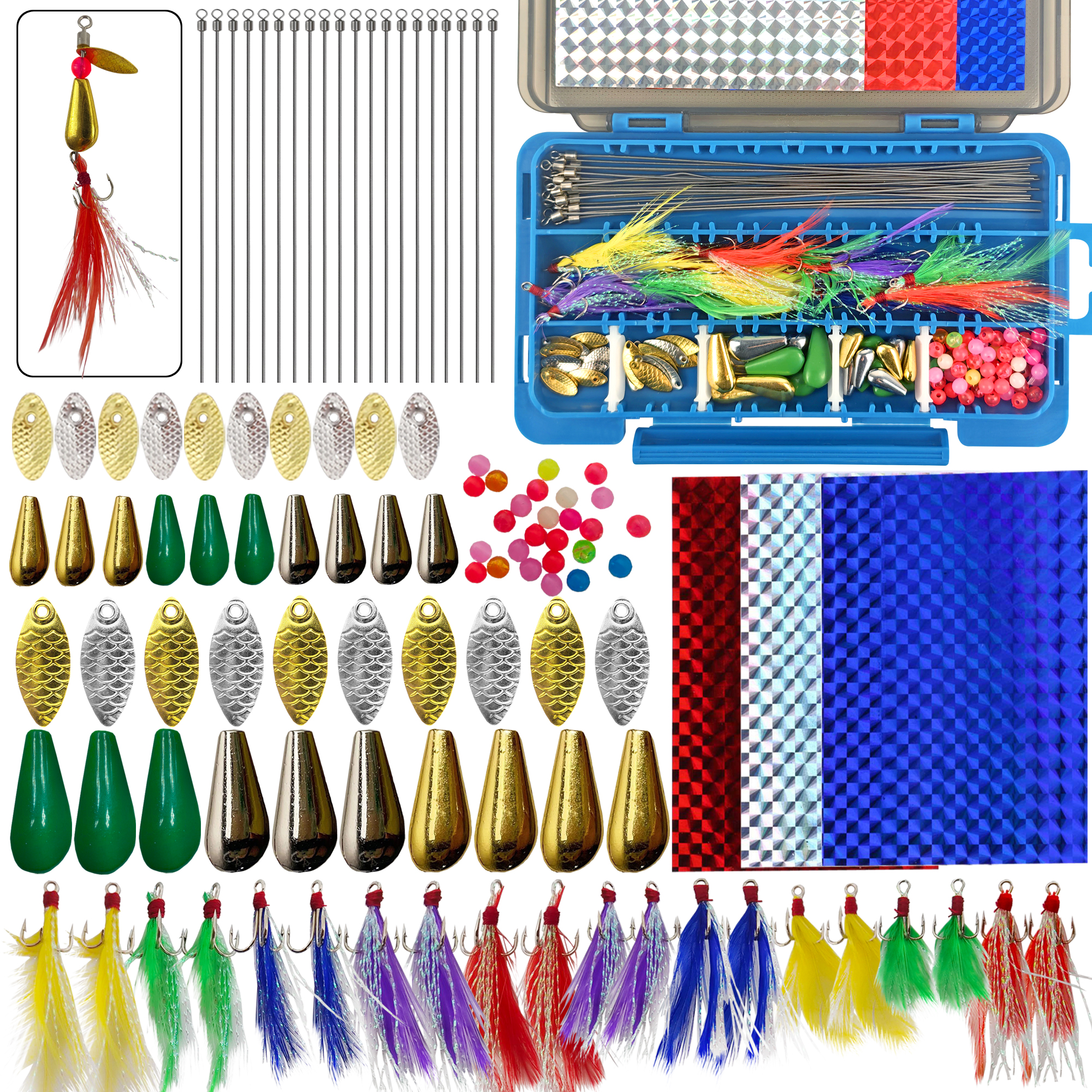 FREE FISHER 143pcs Fishing Spinnerbaits DIY Kit Metal Sequins Feather Treble Hooks Sinkers Beads Making Spinner Lure Accessories Box for Bass Trout