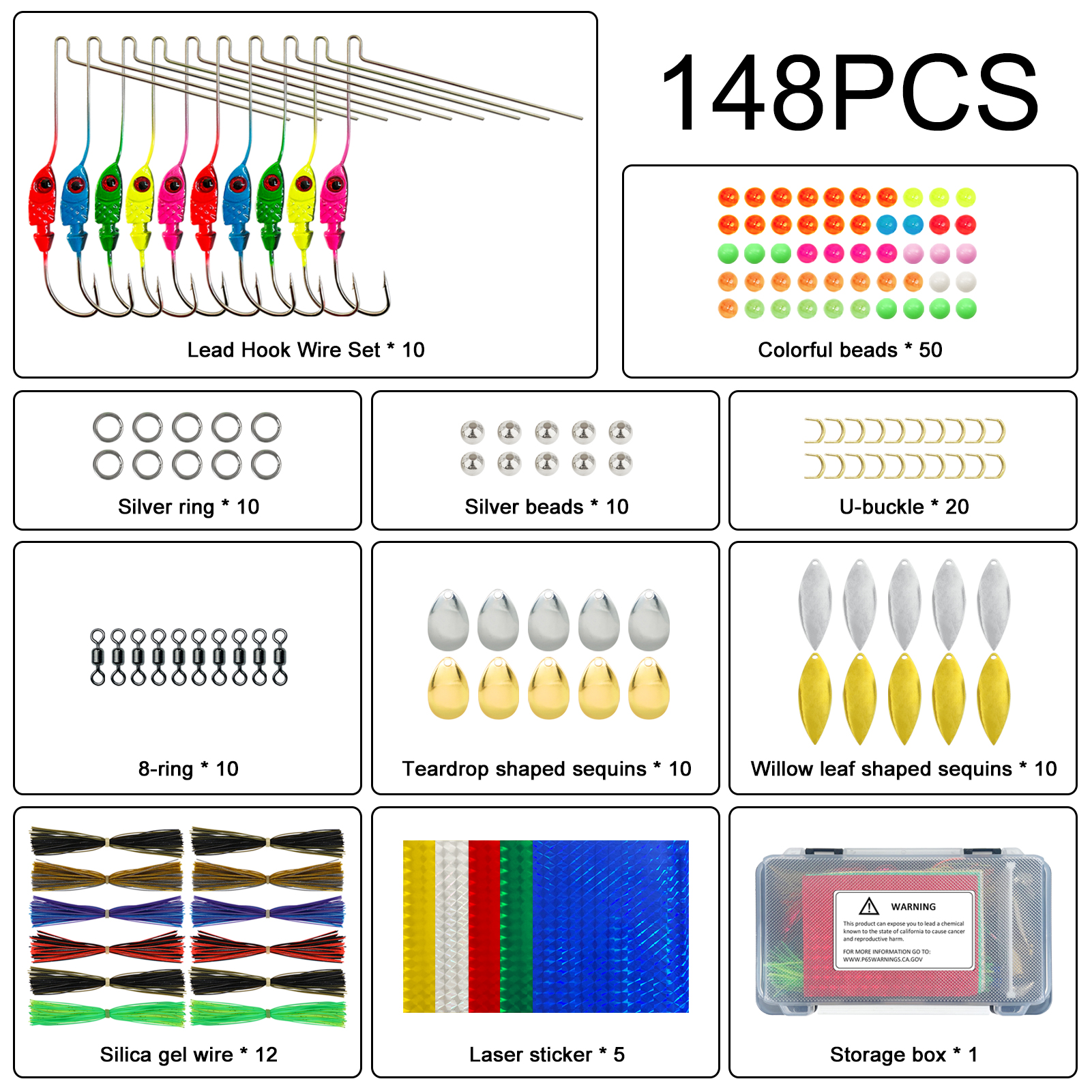 FREE FISHER 148pcs Fishing Spinnerbaits Materials Metal Sequins Set Buzzbaits Rubber Skirts Beads Blades Swivels Laser Paper for Bass Trout