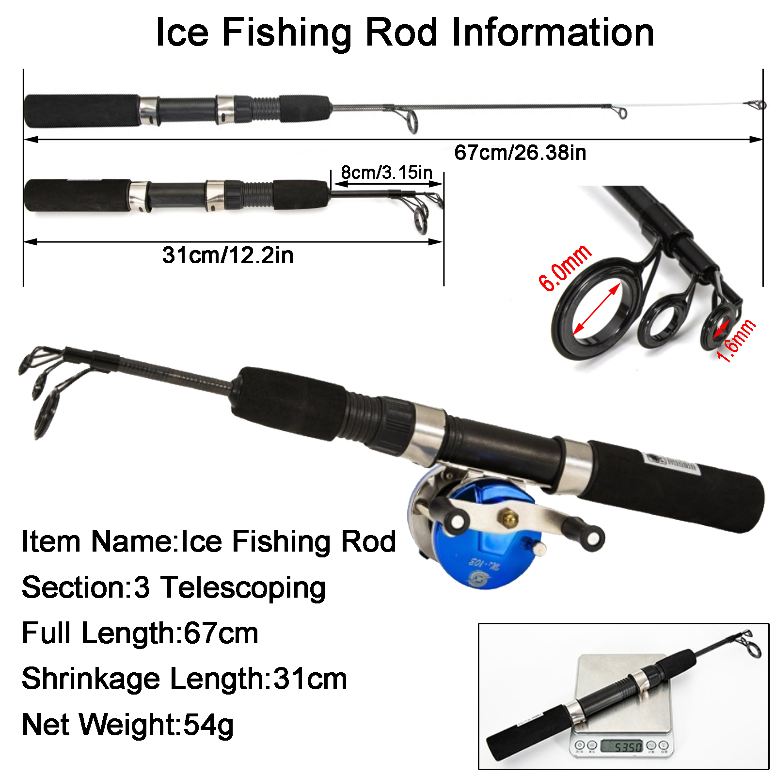 FREE FISHER Winter Fishing Rod Reel Kit with 113pcs Ice Fishing Hooks 67cm Telescopic Adjustable Carbon Fiber 3-Section Ice Fishing Pole Set