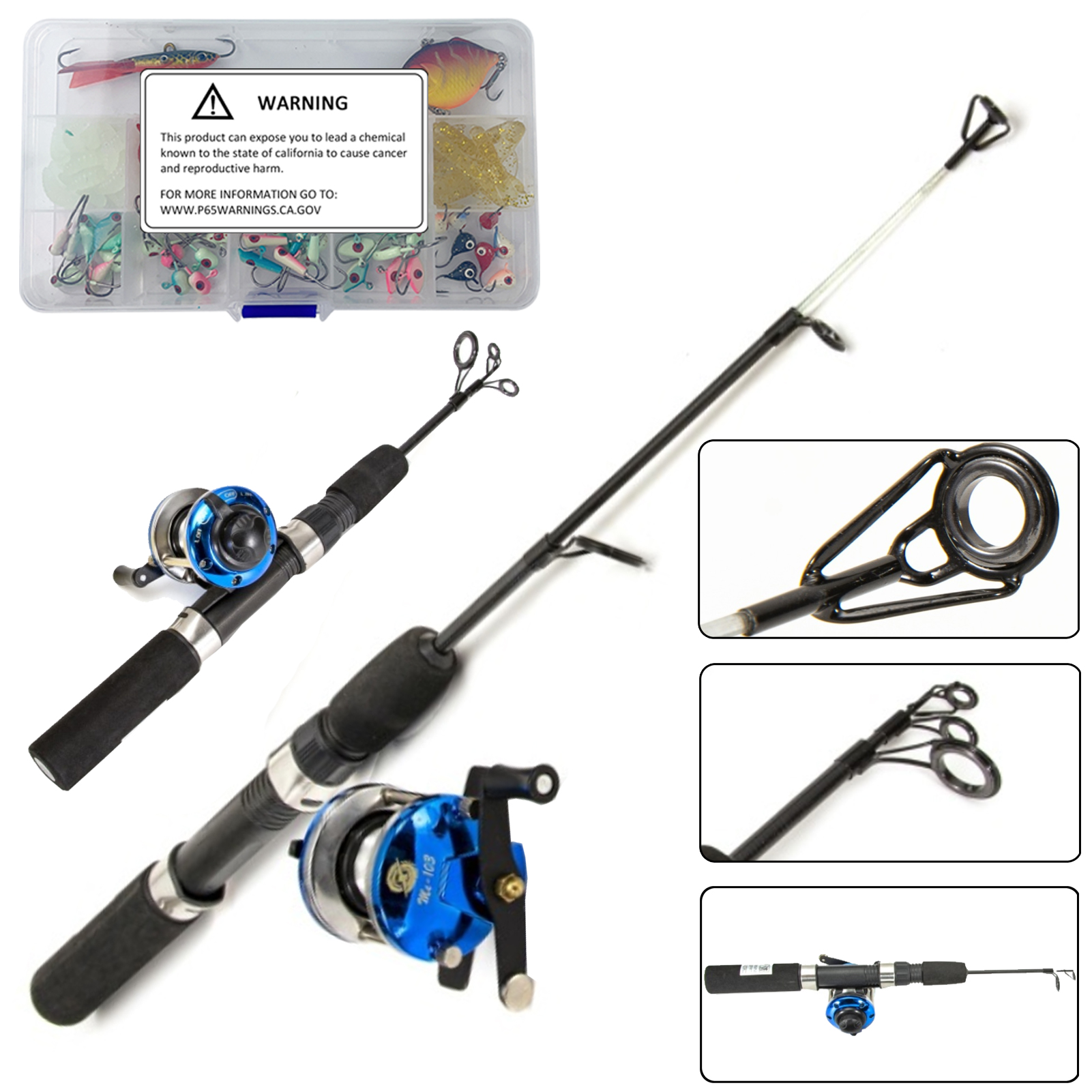 FREE FISHER Winter Fishing Rod Reel Kit with 113pcs Ice Fishing Hooks 67cm Telescopic Adjustable Carbon Fiber 3-Section Ice Fishing Pole Set