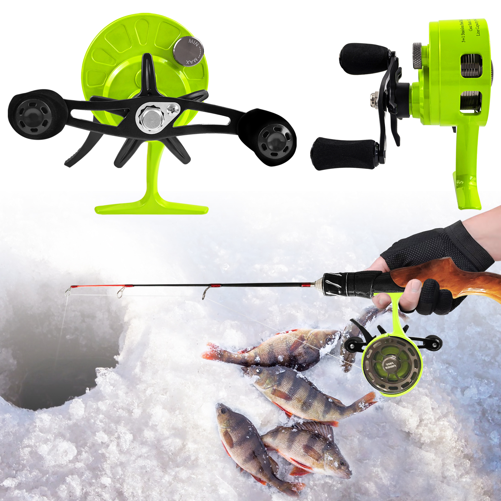 FREE FISHER 115pcs/Lot Ice Fishing Rod Reel Combo 2-Section Fishing Pole 3.2:1 Ice Wheel Jig Head Hooks Soft Shrimps Baits Winter Fishing Tackle Set