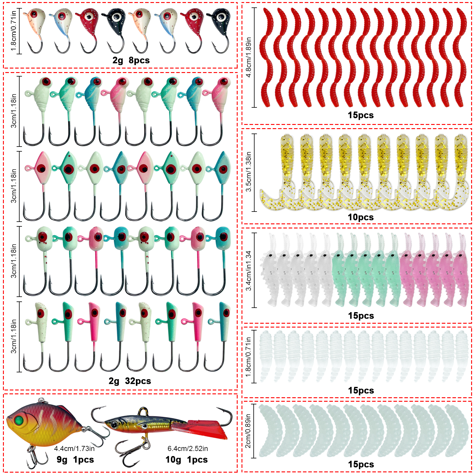 FREE FISHER 115pcs/Lot Ice Fishing Rod Reel Combo 2-Section Fishing Pole 3.2:1 Ice Wheel Jig Head Hooks Soft Shrimps Baits Winter Fishing Tackle Set