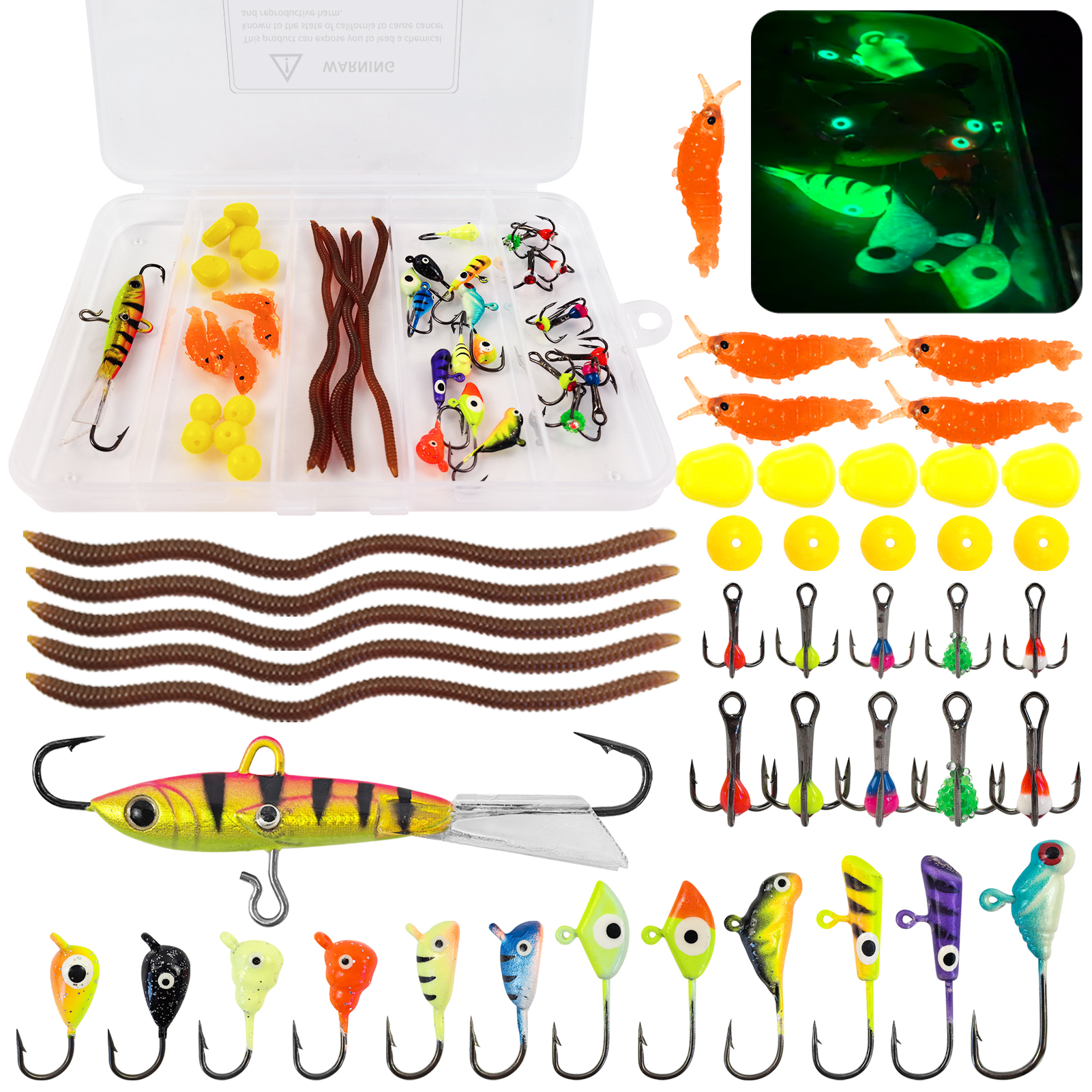 FREE FISHER 44pcs/Lot Ice Fishing Kit,Jig Head Hooks,Sinking Metal Balance Vibration Baits,Soft Lures,Vertical Jigs Treble Hooks,FISHING TACKLE BOX