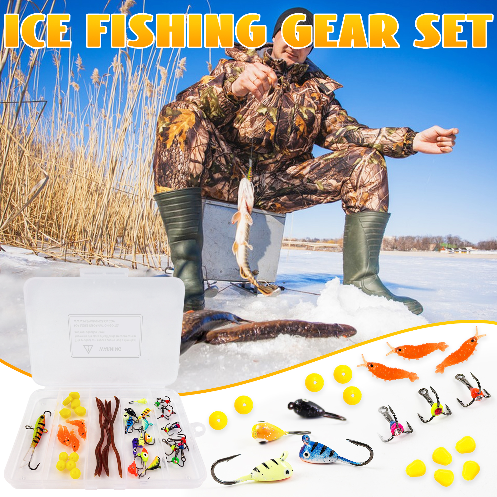 FREE FISHER 44pcs/Lot Ice Fishing Kit,Jig Head Hooks,Sinking Metal Balance Vibration Baits,Soft Lures,Vertical Jigs Treble Hooks,FISHING TACKLE BOX