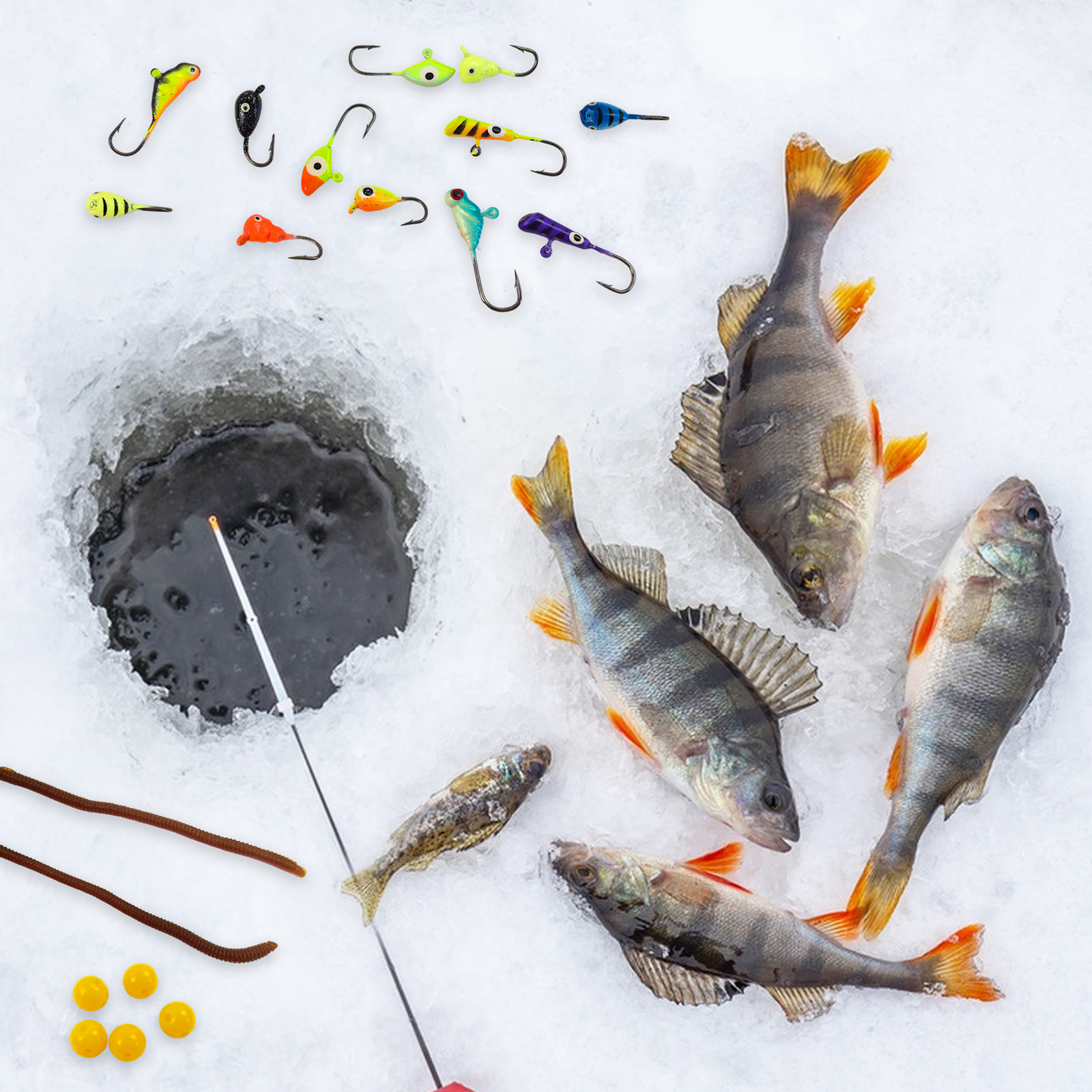 FREE FISHER 44pcs/Lot Ice Fishing Kit,Jig Head Hooks,Sinking Metal Balance Vibration Baits,Soft Lures,Vertical Jigs Treble Hooks,FISHING TACKLE BOX