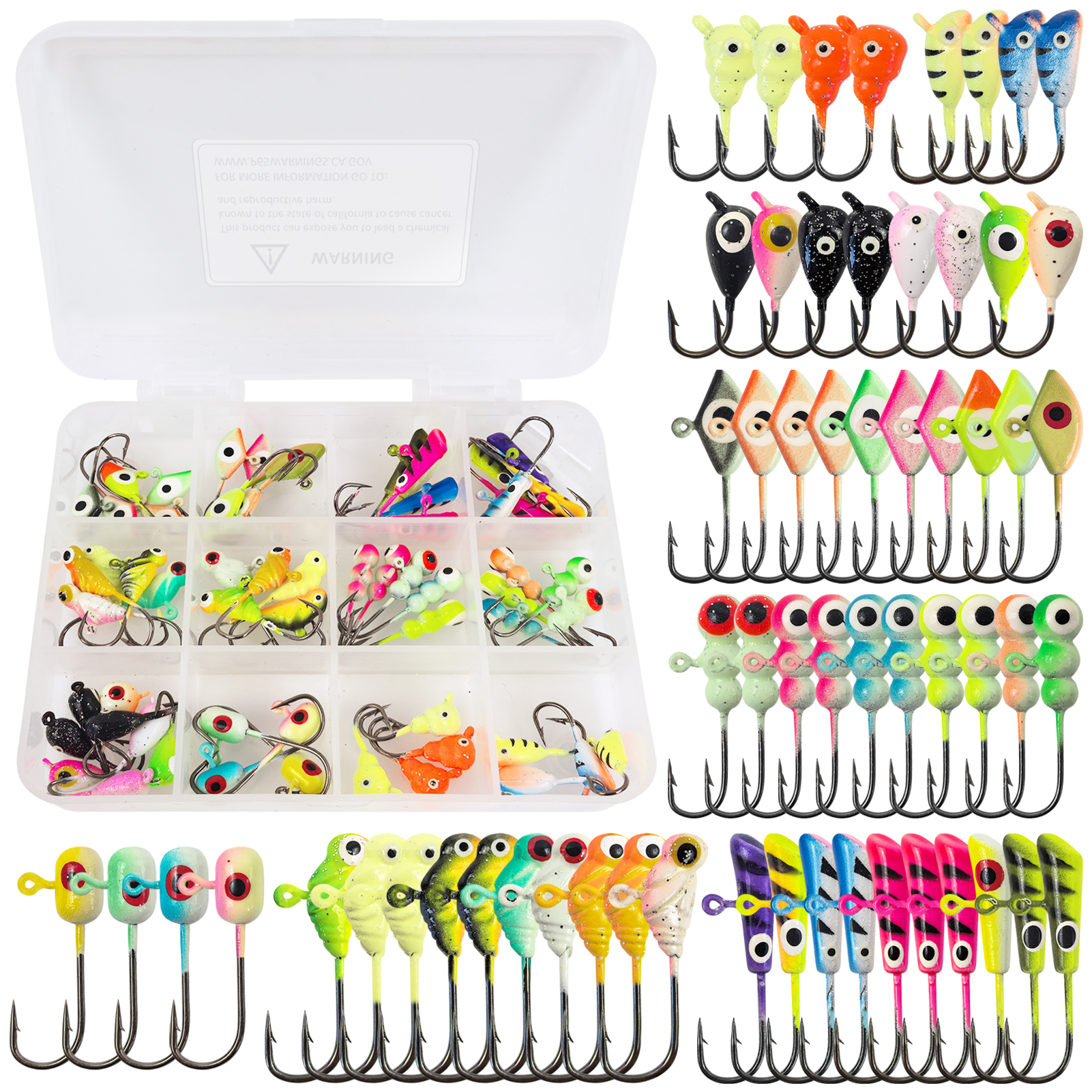 FREE FISHER 61pcs/Lot Ice Fishing Hooks Kit,Mixed Jig Head Hooks,Jigging Crappie Sunfish Perch Luminous Baits for Winter Fishing 