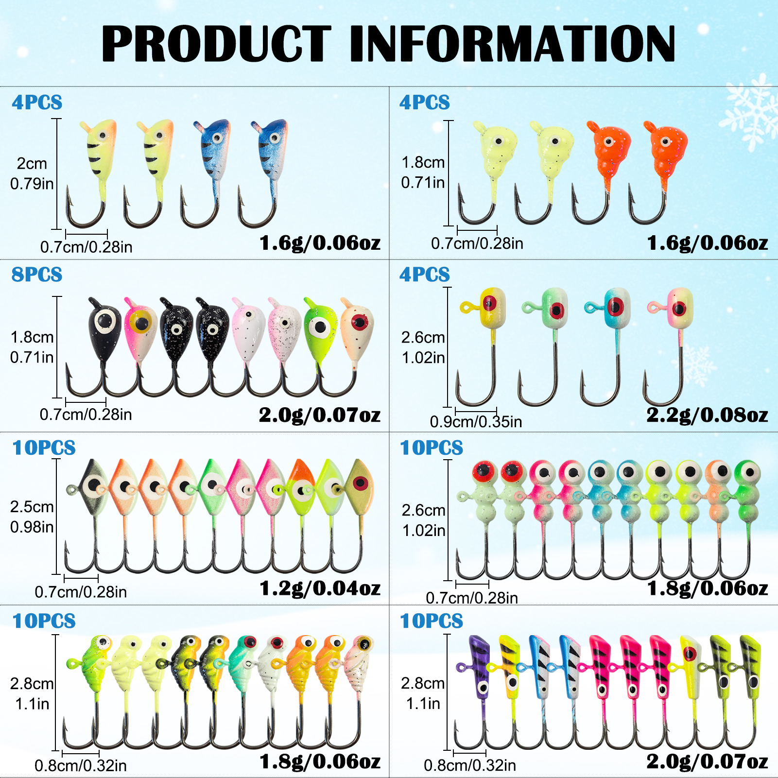 FREE FISHER 61pcs/Lot Ice Fishing Hooks Kit,Mixed Jig Head Hooks,Jigging Crappie Sunfish Perch Luminous Baits for Winter Fishing 