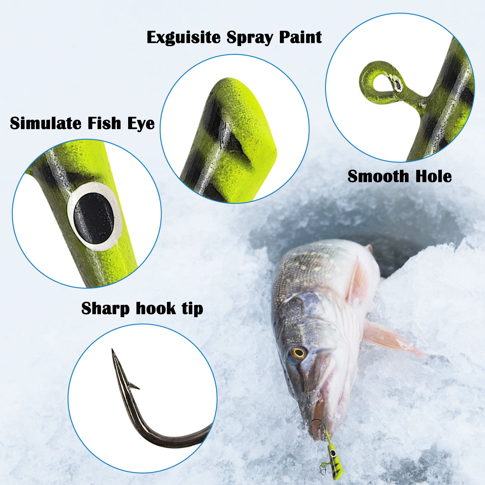 FREE FISHER 61pcs/Lot Ice Fishing Hooks Kit,Mixed Jig Head Hooks,Jigging Crappie Sunfish Perch Luminous Baits for Winter Fishing 